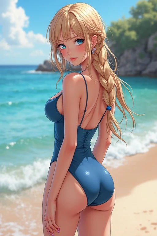 ((Highest quality、masterpiece、8K、Realistic、超High resolution、Very delicate and beautiful、High resolution、Cinema Lighting))、hourglass figure:1.6、At the sea in the moonlight、((A woman is combing her hair:1.6)), ((look back:1.6)), Long blonde hair、The hair is wet with water drops。(Fascinating swimwear design:1.8)、Drops of water glisten on her back。In the background you can see the clear blue sky and the moon.、The surface of the water is undulating、shining brightly。The woman's pose is natural and relaxed.、The overall atmosphere is like a refreshing summer day.、Big Breasts