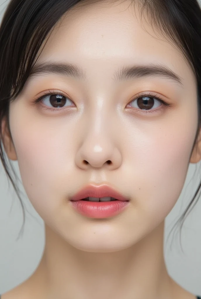 18 year old Japanese female、Wearing a white shirt、Highly detailed face,round face、 Lips Detail,,Big eyes、double eyelid, Detailed black eyes,Thin lips、 Very beautiful face、current eyes, Beautiful Eyes, (Real Skin), Beautiful Skin, Ultra-high resolution、Facing forward and gazing at me、smile、