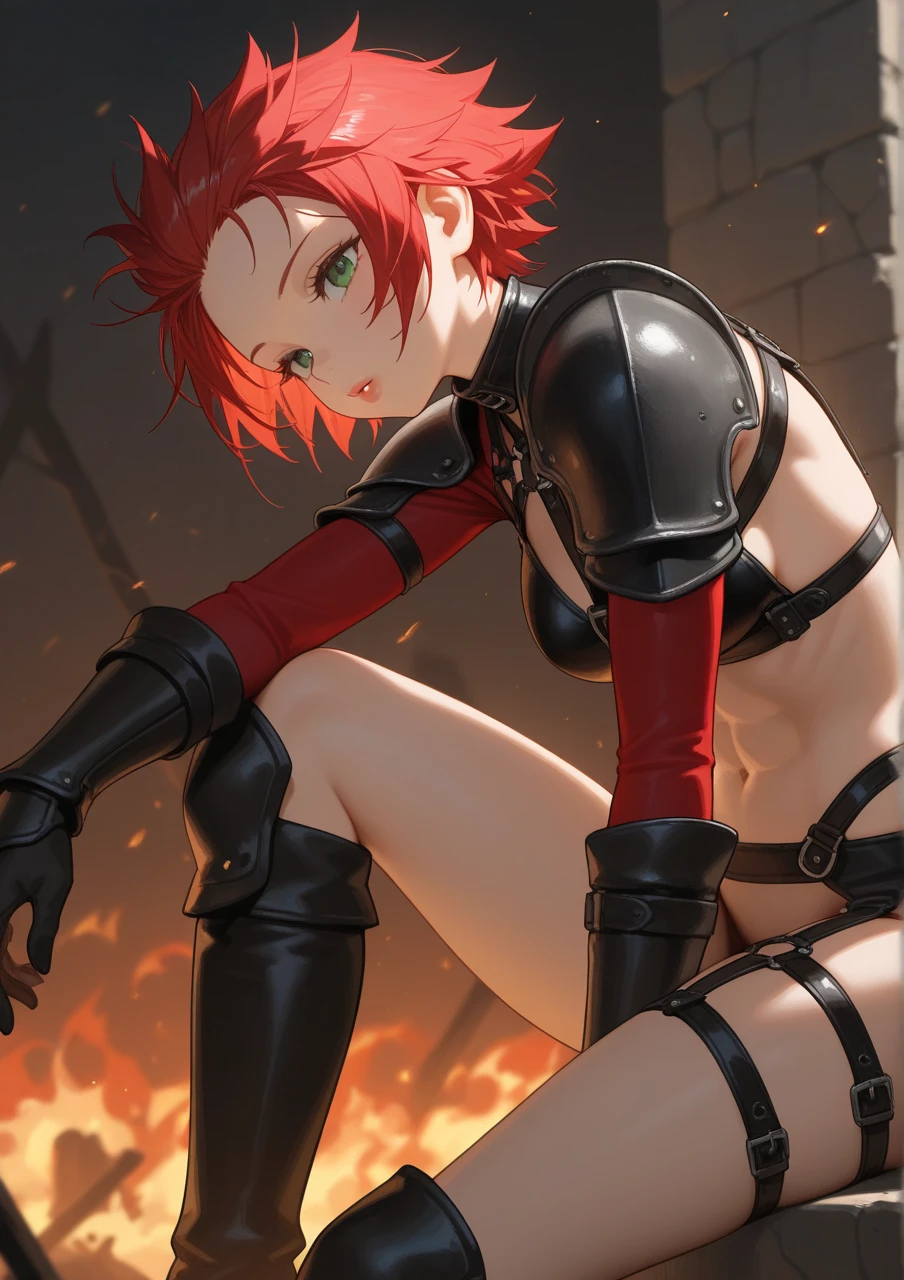 escravo, she is bound with chains, correntes por todo o corpo, She's kneeling, she is angry, enfrentar com raiva e medo, muito zangado, hands behind the back, She's tied up, Vinculado a um post, cabelo vermelho, pele clara, Jovem, adolescente, 16 anos, very Jovem, pernas fortes, strong, shapely arms, seios grandes, coberto com um vestido, Vestido rasgado, ela foi abusada? She's covered in blood? She's tied up.