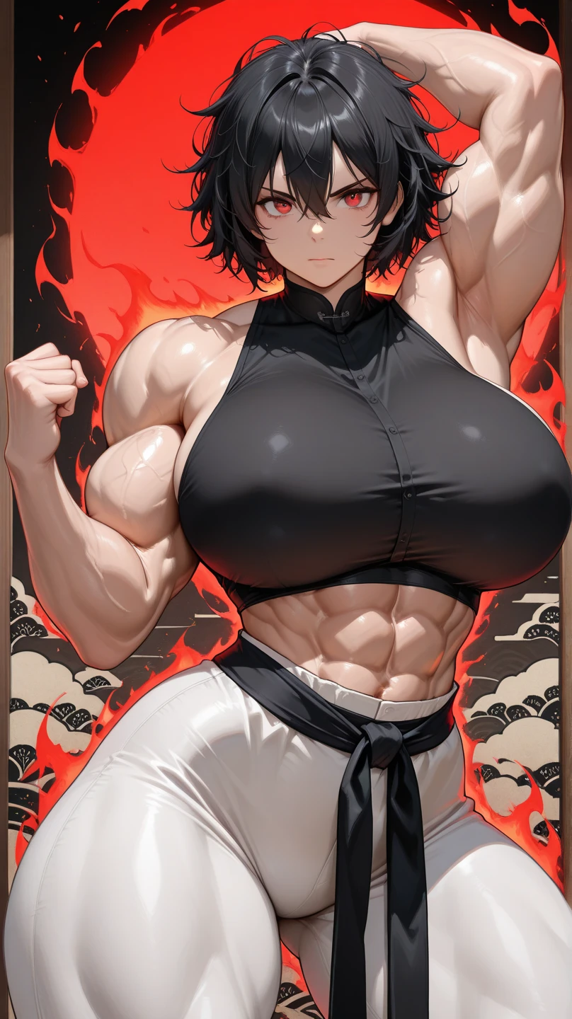 Simple White Background,black bikini,belt, belt buckle, Red scarf around her neck, black eyes, black hair, Short_hair,Hair between eyes, 1 girl, 20yo,Young female,Beautiful Finger,Beautiful long legs,Beautiful body,Beautiful Nose,Beautiful character design, perfect eyes, perfect face,expressive eyes,perfect balance, looking at viewer,(Focus on her face),closed mouth, (innocent_big_eyes:1.0),Light_Smile, official art,extremely detailed CG unity 8k wallpaper, perfect lighting,Colorful, Bright_Front_face_Lighting,shiny skin, (masterpiece:1.0),(best_quality:1.0), ultra high res,4K,ultra-detailed, photography, 8K, HDR, highres, absurdres:1.2, Kodak portra 400, film grain, blurry background, bokeh:1.2, lens flare, (vibrant_color:1.2),professional photograph, (Beautiful,large_Breasts:1.4), (beautiful_face:1.5),(narrow_waist),(beefy, muscular, female, bodybuilder), (best quality, 4k, highres, HDR, professional), (vivid colors, sharp focus), (studio lighting,physically-based rendering), (portrait, fitness, strength), (exquisite details), (intense, determined expression), (long dark hair, sculpted arms), (flexing biceps, toned abs), (sweat dripping, glistening skin), (posing on a gym floor), (background blurred), (strong and confident posture), (athletic leggings, sports bra), (weightlifting belt), (gym equipment in the background), (tattoos on arms), (sweatbands on wrists), (spotlight highlighting muscles), (striking physique), (dynamic lighting and shadows), (impressive muscle definition), (energy and power), (grit and determination), (bodybuilding competition setting), (admiring crowd in the background), (focused and intense workout), (muscle pump and vascularity), (natural lighting), (commanding presence), (extraordinary strength and confidence), (competition-grade muscle tone), (explosive energy), (maximum muscle density and size), (female empowerment), (awe-inspiring physique), (body positivity), (inspiration and motivation).