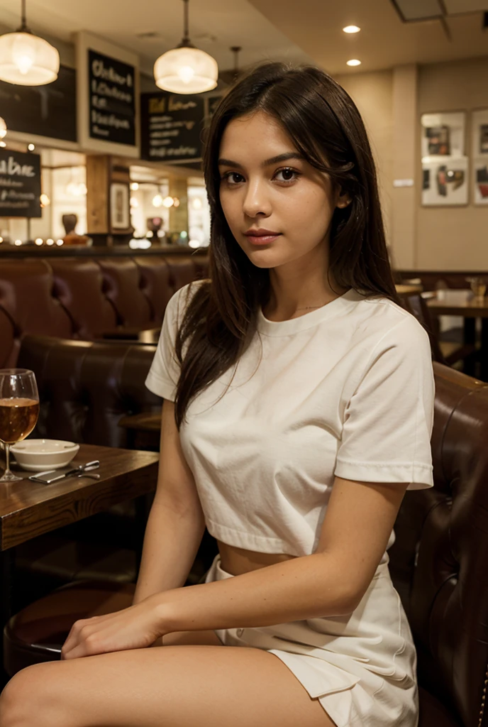Beautiful 26 years old woman, 170cm high, 60kg weight, white skin, long curly dark hair, gray eyes, wearing red front knot shirt, tigh shorts, on a bench, looking to somewhere else, (((park restaurant))), close to the window, people close to her, embarassed, natural morning light, realistic, highly detailed, analog style, deep cleavage, breast, nipple, (((full body))),