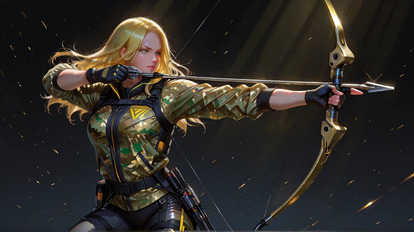 Hyper-realistic 8K photography, accurate cinematic lighting with natural highlights and shadows. Lone female warrior, overwhelming presence, wielding a futuristic Olympic precision compound bow. Advanced tactical attire: white base, neon yellow accents, yellowish-black metals with realistic gold reflections. Reflective synthetic overcoat with geometric camo, perfectly balanced in motion. Rigorous anatomical proportions, realistic muscle definition, natural limb positioning. Professional archery stance with Olympic-level precision, realistic grip and tension on bowstring, fingers properly positioned. Ultralight reinforced carbon-metal alloy bow, built-in lighting, energy-reactive polymer strings for silent shots. Reinforced carbon-titanium arrows with dynamic tracking. Moonlight outlines silhouette, shadows enhance lethal presence. True-to-life hair flow, fabric physics responding naturally to wind. Smooth rendering, high-detail textures, no visible artifacts, ensuring sharpness, anatomical fidelity and cinematic gallery impact