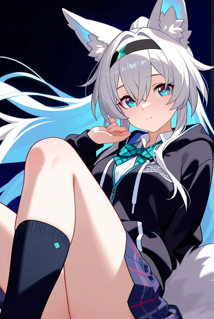 ((Best Quality)), ((Masterpiece)), (Detailed), Perfect Face, Very Detailed, Masterpiece, Best Quality, Official Art, Extremely Detailed CG Unified 8k Wallpaper, Dynamic Eyes, Full Body Portrait , (((having with a man))), lying on a bed, shy, (((M shape spread leg)))steam comes out from mouth, heart-symbolled eyes, trendy style, long silver-gray hair, shoulder-length hair, a futuristic blue halo on her head, future Wind clothing, with a mechanical feel, ((dark blue skirt with bright blue lace)), ((black jacket with blue stripes)), JK short skirt, cat ear headphones on the head , ((watery eyes))