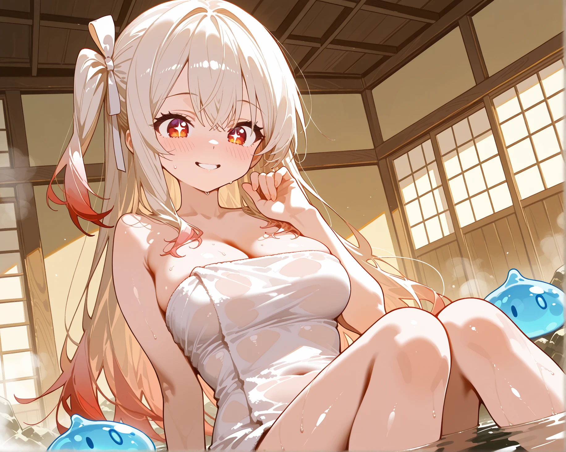 nsfw, (full nude:1.4), 1girl, pussy, Hairless Pussy, breast, tummy, small breast, firm breasts, spoken heart, love juice, from below, (embarrassed, blush, in heat:1.4), orgasm, troubled face, on the beach, (masterpiece, best quality, perfect anatomy, dynamic lighting, character focus:1.2), close to viewer, detailed eyes, open mouth, Ayamebase, bell hair ornament, MULTICOLOR HAIR, LONG HAIR, RED EYES, WHITE HAIR, long hair, double bun, white hair
