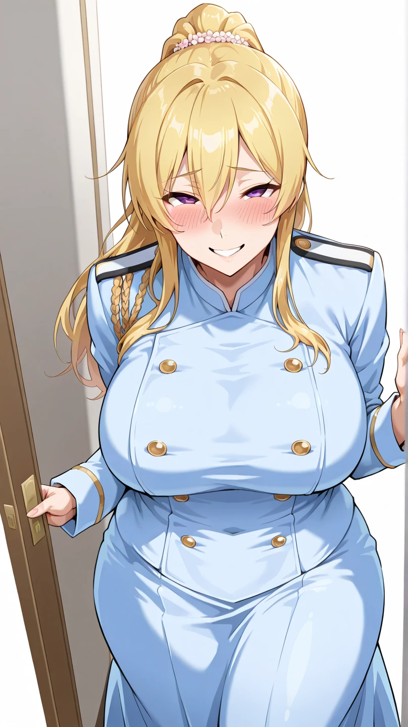8K full color, first World War, You meet 1 woman at your military camp,, 1 tall white haired girl, huge breasts, big butt, German uniform, muscular, beautiful face, sweat, flirtatious smile, Navy cap.