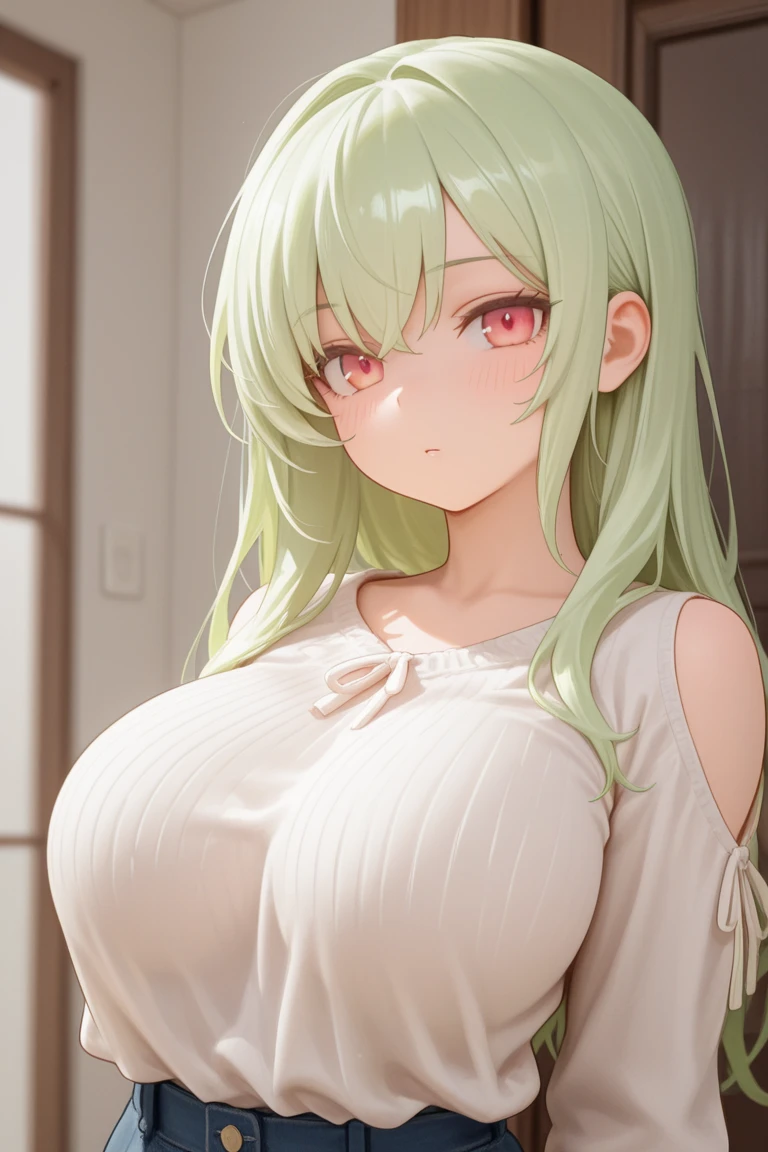 Naruto Tsunade, White-haired Sensei, clad in green clothing, adorned with a necklace, her massive chest exaggerated by the hugeness of her tit, her clavicle pronounced. Her lips are a striking red, her eyes a captivating blue, and in a playful gesture, she sticks out her tongue, her face flushed red. Beneath her clothing, a lace bra subtly peeks out, adding an alluring touch to her otherwise imposing image.