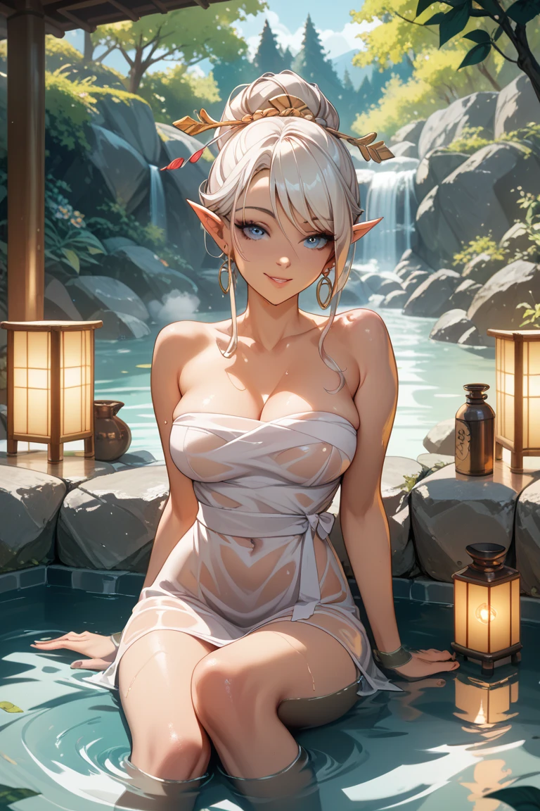 Elf, white skin like china, 20-year-old woman, fantasy world, flowers in background, blurred background, piercing ears, wet thin white cloth wrapped around body, live action, f/1.8, 85mm, canon, high detail, high definition, 8k, 16k, covering breasts with white cloth, covering waist with cloth, bathing, wet thin clothes, smile, spring, sitting, necklace, hiding breasts with both hands, chest up, with Upturned large tips, upper body, close up face, cleavage