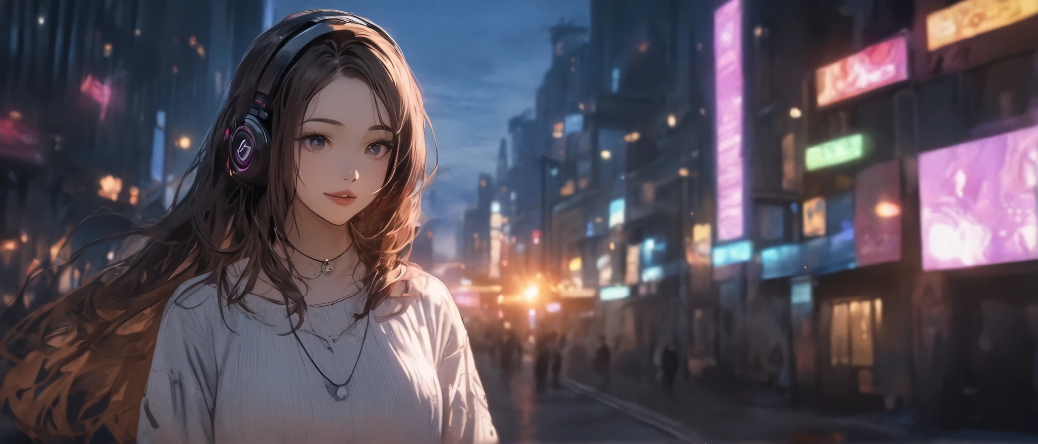 (score_9), (score_8_up), (score_7_up), (score_6_up), (score_5_up), (score_4_up), 4k, 8k, ultra-detailed, high-resolution, cinematic lighting,
1girl, solo, gamer, in a cyberpunk city, wearing headphones,
cowboy shot, cinematic scenery, smiling, gradient hair,multicolored hair,brown hair ,black hair,
exposed forehead, thick lips, long straight hair,
wearing an oversized white sweater(The chest is open), with a necklace, dramatic lighting, summer night