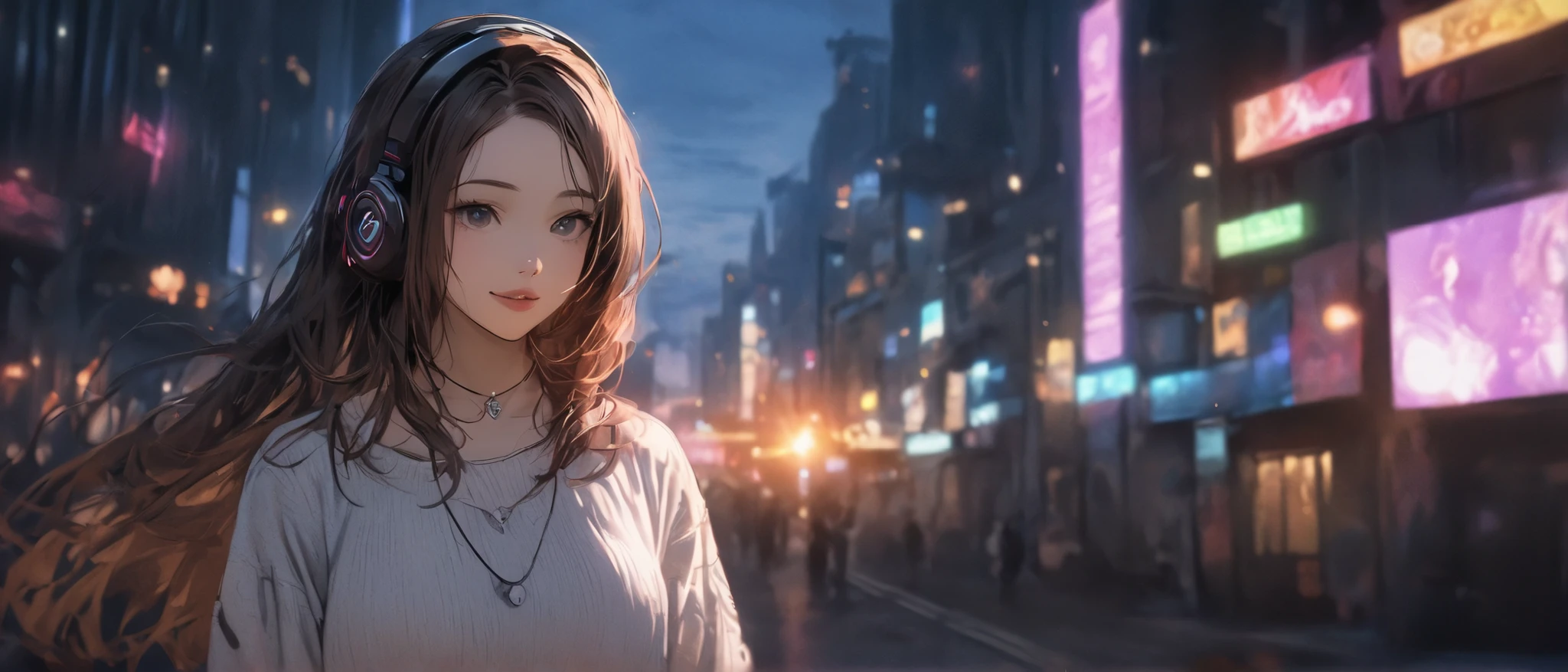 (score_9), (score_8_up), (score_7_up), (score_6_up), (score_5_up), (score_4_up), 4k, 8k, ultra-detailed, high-resolution, cinematic lighting,
1girl, solo, gamer, in a cyberpunk city, wearing headphones,
cowboy shot, cinematic scenery, smiling, gradient hair,multicolored hair,brown hair ,black hair,
exposed forehead, thick lips, long straight hair,
wearing an oversized white sweater(The chest is open), with a necklace, dramatic lighting, summer night