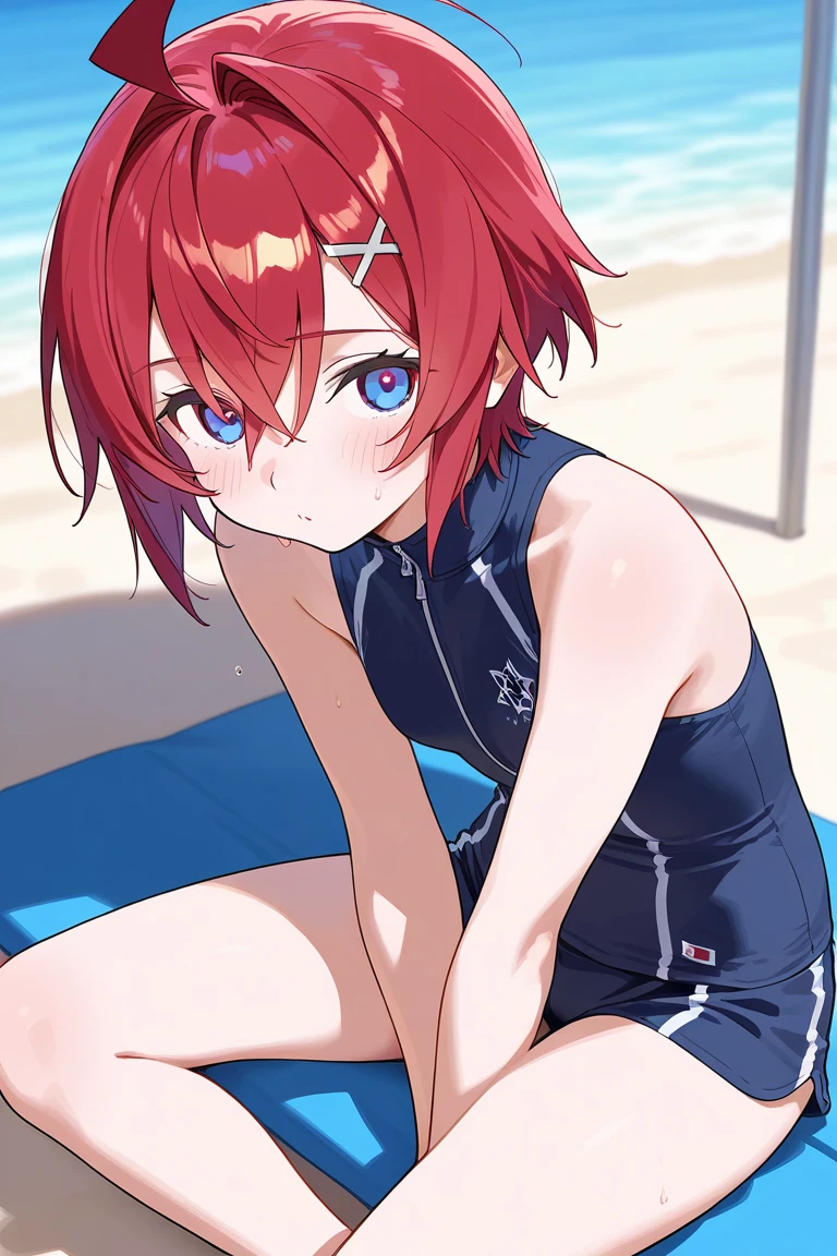 best quality, masterpiece, highly detailed,
<lora:chara_RailWars_SakuraiAoi_v1:0.8>, sakurai aoi rw,
closed mouth, light smile, blush,
blue eyes, red hair, short hair, folded ponytail,
one-piece swimsuit, open vest,
standing, leaning forward, looking at the viewer,
beach, water
