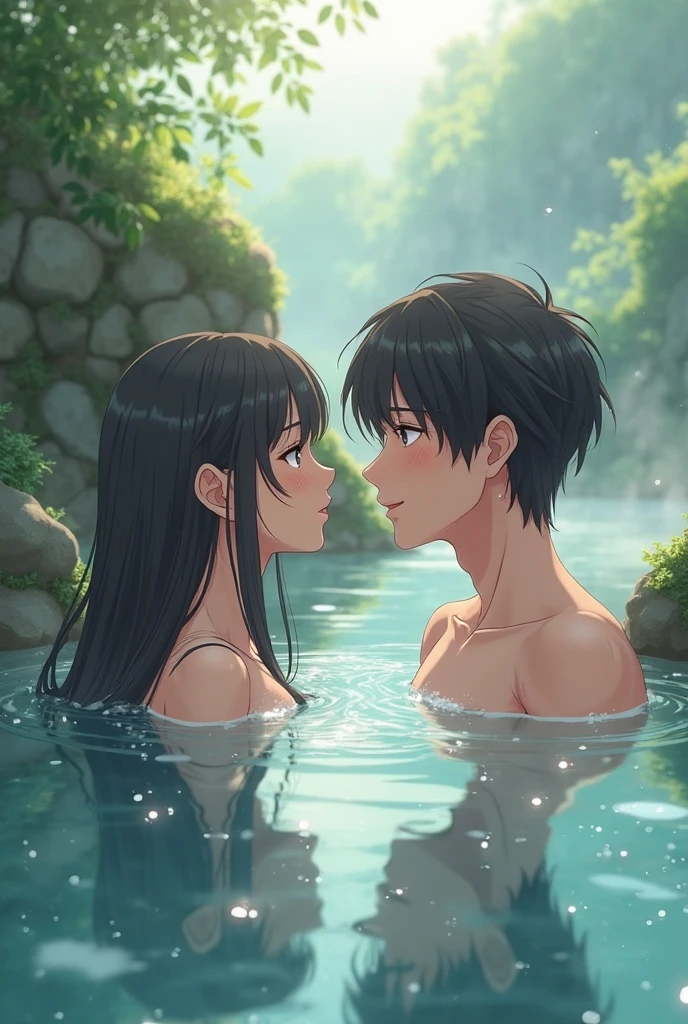 Anime couple in water with waterfall in background, Guviz-style artwork, Makoto Shinkai and Artgerm, Guweiz e Makoto Shinkai, sakimichan and makoto shinkai, by Yang J, Guviz, Ross Tran e Makoto Shinkai, kissing together cutely, Anime Pictures, Beautiful anime