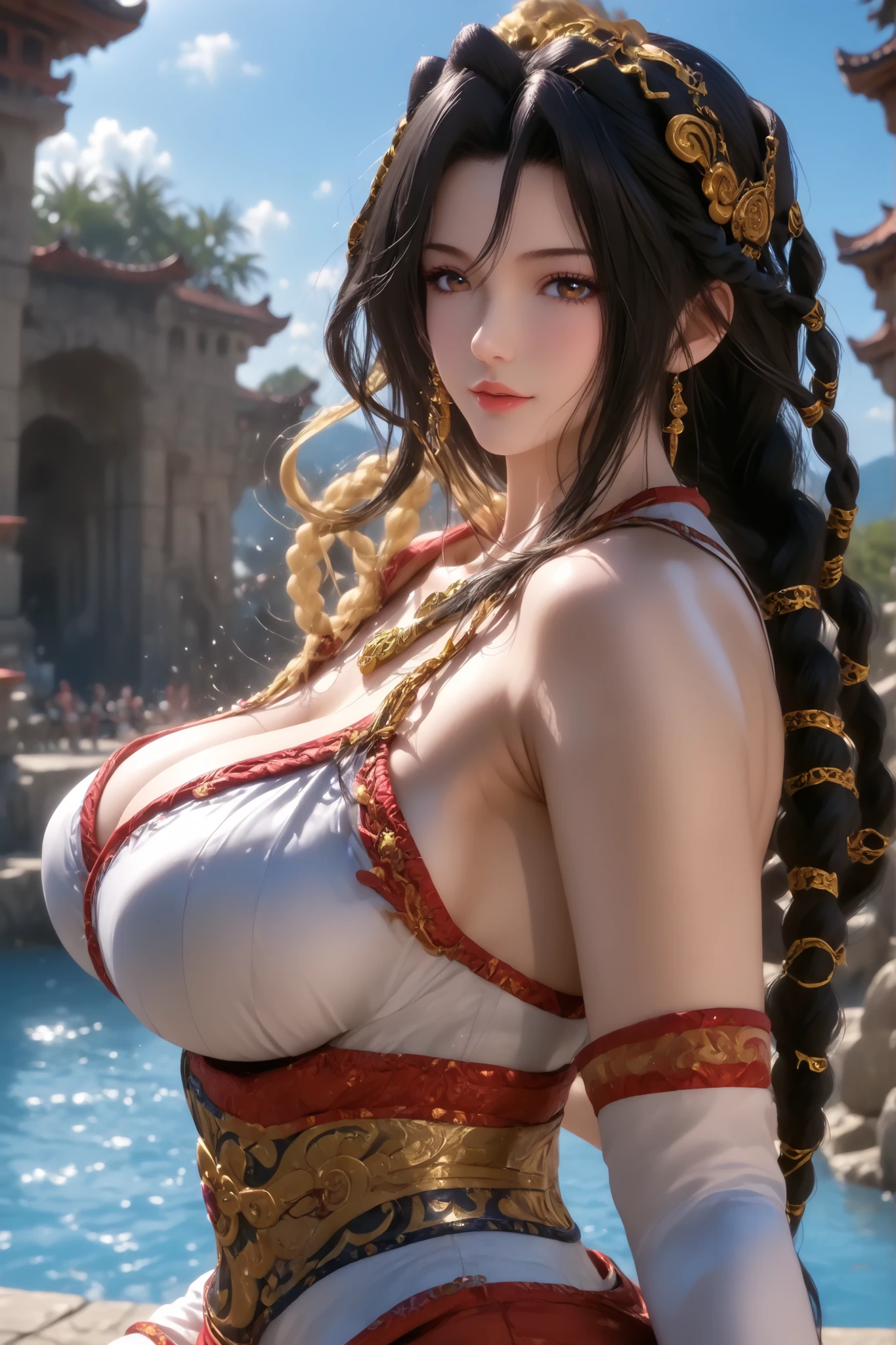 Highly detailed CG unit 8k wallpaper, masterpiece, High resolution, highest quality, highest quality real texture skin, Super Real, Digital Painting, Best image quality, 最High resolution, 8k, ((Highly detailed eyes and face)), 1girl, Beautiful eyes every detail, Full Body Shot, (profile, from side), (((Saggy breasts, Gravity-dependent breasts, long chest, Heavy chest, ))), ((disproportionate breasts, huge breasts, sagging breasts, gigantic breasts, erect nipple,)), Tube top, Loincloth, Chinese style embroidery, Barbarian, Bandit, Villain, evil smile, Genghis Khan, acrobatic pose, black hair,