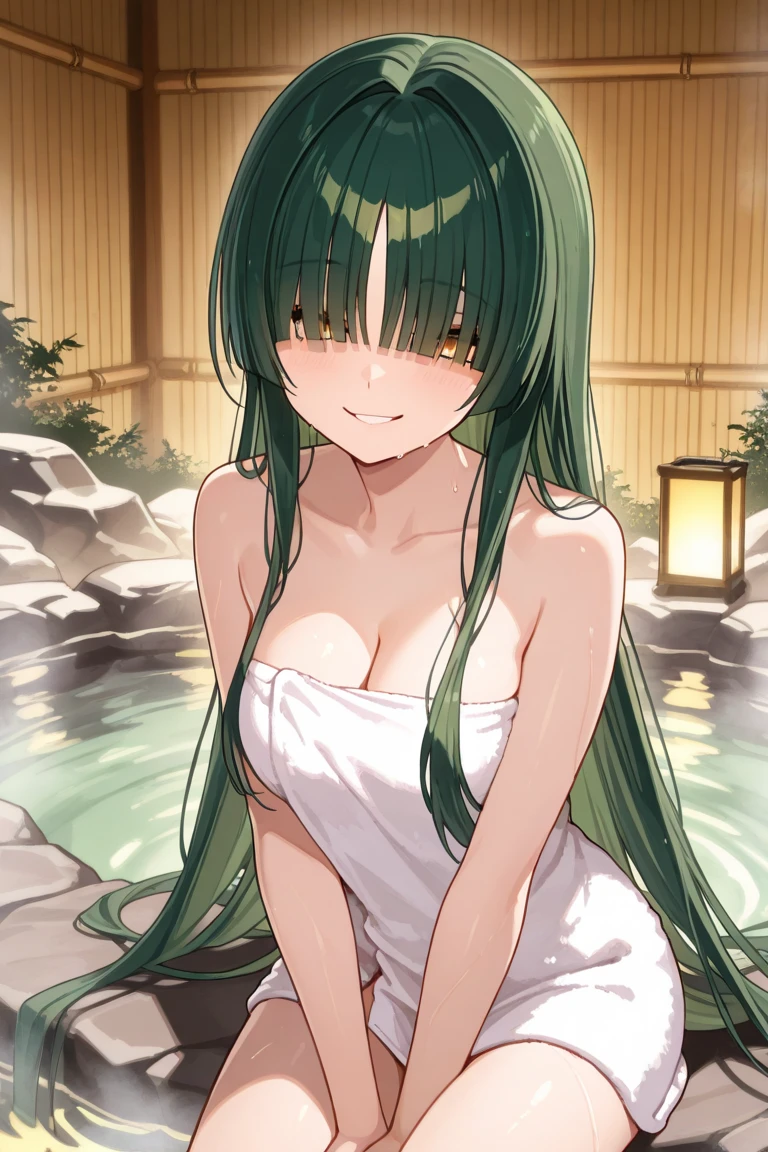 nsfw,Completely naked,｛Pussy｝,Small breasts,｛Masturbation｝,highest quality, girl, alone, Kilo, Green Eyes, Green Hair, Long Hair, hair band, masterpiece,High resolution,｛Open up｝,Watery eye,Front angle｝,｛Sitting with legs crossed｝