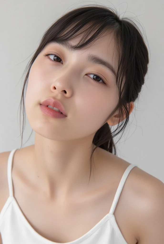 (((32ｋ,best image quality,high details,high detail、masterpiece,attention to detail,Full body Esbian,solo))),RAW photo & realistic atmosphere,beautiful dark blue eyes,super detailed face,detailed mouth,glossy lips,fine eyebrows,Detailedly drawn eyes、Soft white skin that shines in every detail、Very beautiful eyes with deep blue eyes,lip details,lips slightly open,plump lips,very beautiful face,very well-shaped face,lifelike face,realistic teeth,double eyelid,shining beautiful lips,Stick out your tongue cutely,soft chest,hand touching chest,Clothes with a wide open chest,Camisole with exposed chest,Sensual cleavage,bra comes off,well-shaped nipples,mole on chest,wet body,raise the corners of your mouth,dazzling smile,string panties,beautiful eyebrows,earrings,stick out your ears,lip gloss,exposure of skin,nude,infinite reality,In a cute pose,Realistic like手グラビアアイドル,likeき官能グラビアアイドル, Very beautiful and cute２２Year old adult woman,with a flushed face,incredibly beautiful and classy,natural soft light,white curtains,In a room where light shines in,simple background,Waking up in the morning,Sleeping in bed,hug me from behind,（chestnut shiny hair,Soft medium short hair,let bangs fall,barefoot,beautiful and gentle eyes：1.5）,（like々The beauty,Heavy wear,back to bare neck,gentle smile,well-shaped chest,dazzling thighs,Let your hair hang high and tie it up,beautiful posture,No makeup,eyes staring at me,No bra,real face,no makeup：1.6）
