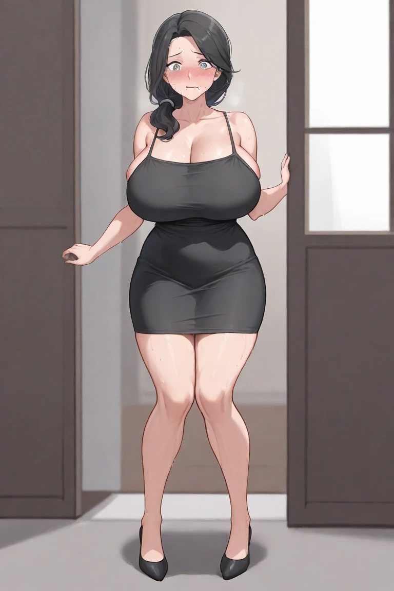 1woman,solo,25yo,black hair,long hair,wavy hair,shiny hair,hair over one eye,side braid,scarlet eyes,huge breasts,tall stature, voluptuous,wide hip,light-blue_blouse-shirt,cleavage,white_pencil-skirt, black_shiny_heel-pumps,full_body,