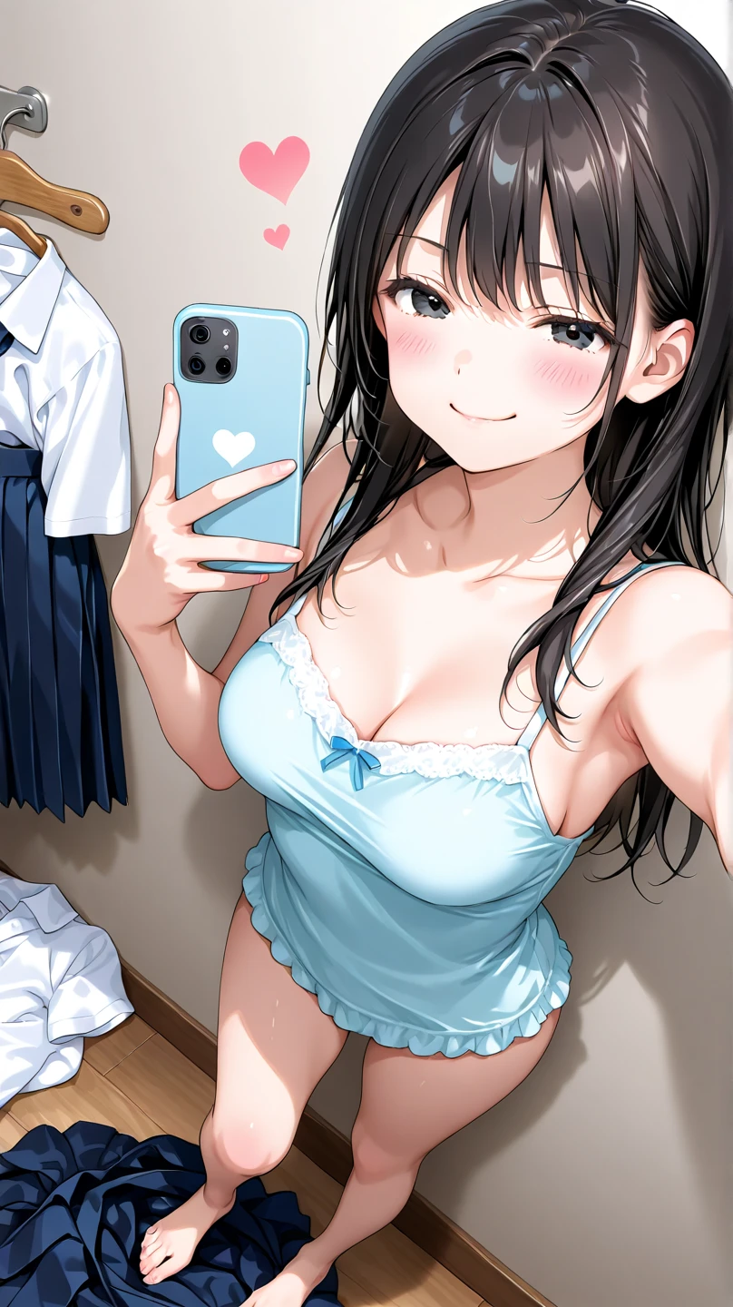 (8K、top-quality、masterpiece:1.2)、(realisitic、ultra-detailliert、超A high resolution、1 girl,17years,beautifull detailed face,perfect body,((layered hair,long black hair)),((daytime)),Constriction、(Slim waist :1.3)、Beautiful detailed skin、Skin Texture、Floating hair、((daylight)),(glasses,large breasts,
striped dark blue lace shirt ,frilled skirt,
nsfw, pov,(selfie:1.2),phone_screen,head_out_of_frame, (fisheye distorted lens:1.2),on bed,bedroom,
,(shirt lift:1.2) ,large breast,focus breasts,show bra ,lace bra,navel