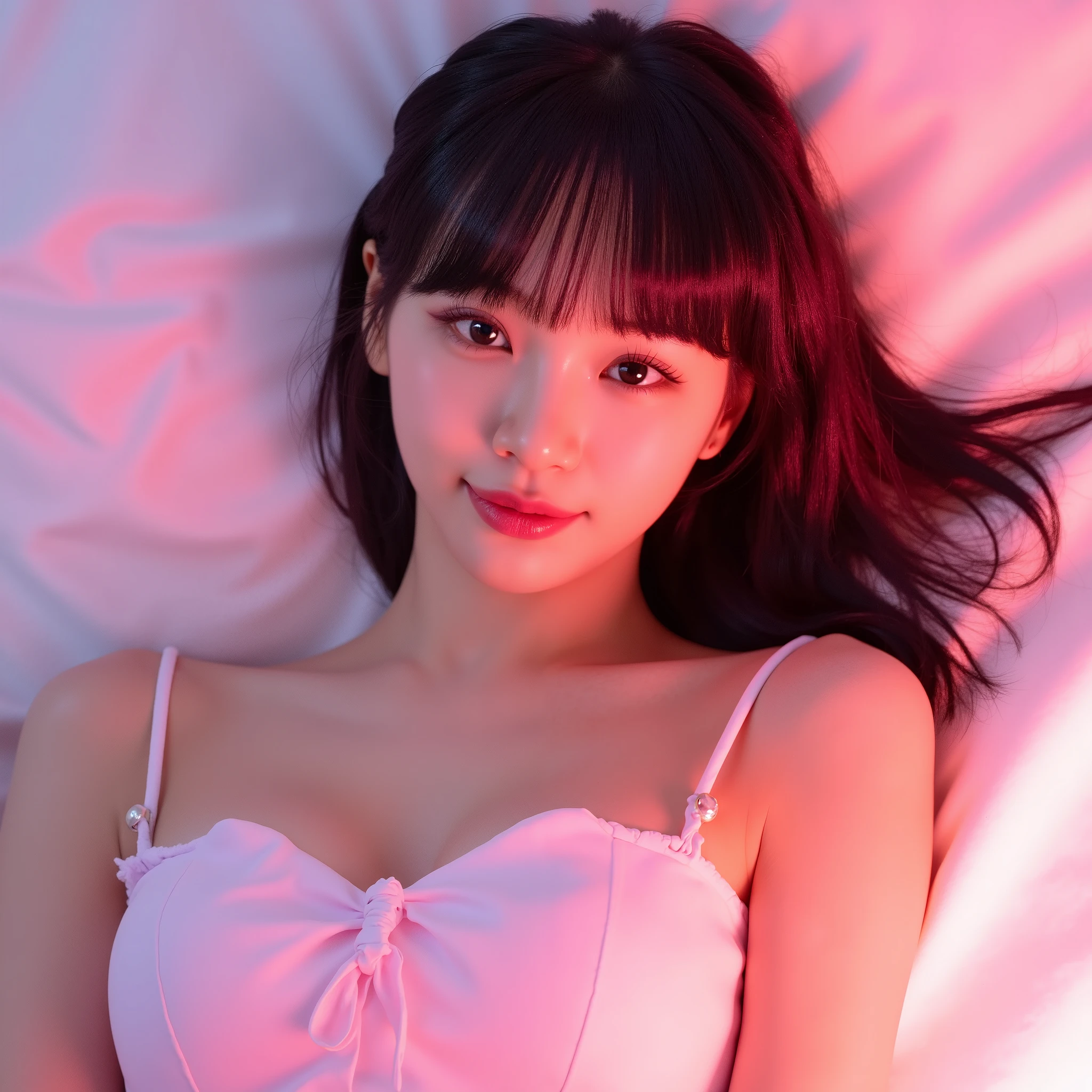 Realistic Live-Action, ExtremelyDetailed Beautiful OPPAI GravureIdol Aesthetic Semi-nude, Lying on Bed, Moaning and Arousing expression, TopQuality 8K Ultra-detailed Masterpiece Portrait ProfessionalPhoto, Bright colors, (from Directly above:0.22), KAWAII, Transparency, (XLabs F.1 Realism LoRA V1)