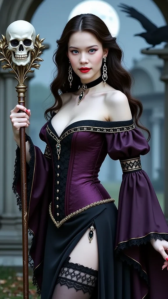 (masterpiece, top quality, best quality, official art, beautiful and aesthetic:1.2), extremely detailed, fractal art, colorful, highest detailed, dynamic angle, off shoulder, cleavage, necromancer queen, dynamic pose, night time, old castle, tattered black gothic dress, black hair, violet eyes, gold horn headpiece