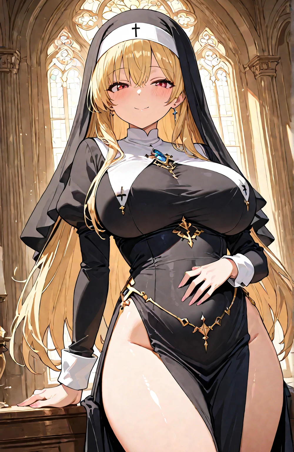 (best quality:1.3), (masterpiece:1.3), (illustration:1.3), (ultra-detailed:1.3), (mid shot:0.9), 1girl, long hair, blonde hair, bangs, hair between eyes, large breasts, red eyes, blush, nun, standing, tall, seductive, seductive smirk, habit,