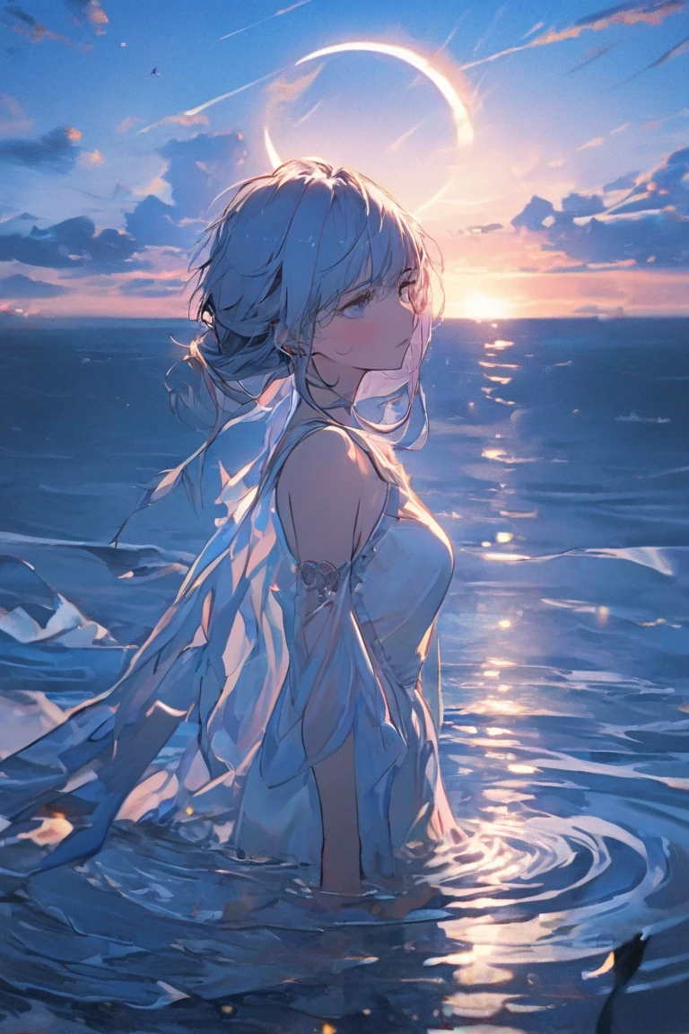 ((high quality)), ((masterpiece)), 8k, Anime Style。Rear view of one woman。brook at night、The light of the full moon reflects on the water、A silvery light spreads across the river。A quiet landscape illuminated only by moonlight spreads out before you。Wide angle。Overlooking。whole body。