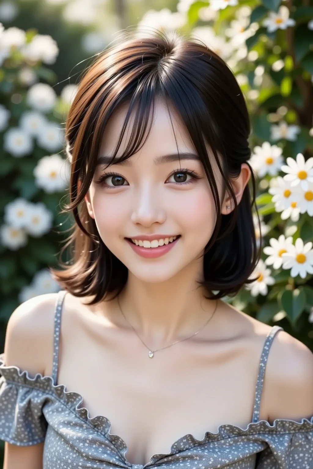 girl, White skin, Dark brown short tiered hair, V cut with layers and bangs, Brown eyes, Soft atmosphere characteristics (Highest quality, Ultra-high resolution, 8K, RAW Photos, Ultra-high resolution: 1.2, masterpiece: 1.3), (Realistic, Realistic: 1.37), Very detailed, Professional Lighting, Photon Mapping, Radio City, Physically Based Rendering, One Girl, high school girl, Sharp focus:1.2、Beautiful woman:1.4,cute, Nice, Adorable, smile, Normal chest,Looking at the camera、Floral Lingerie、Lie、Medium chest、valley、beautiful transparent woman、cute、necklace、smile、Upper body close-up、Background Garden、Highest quality、Top view, 最高のsmile,Daytime