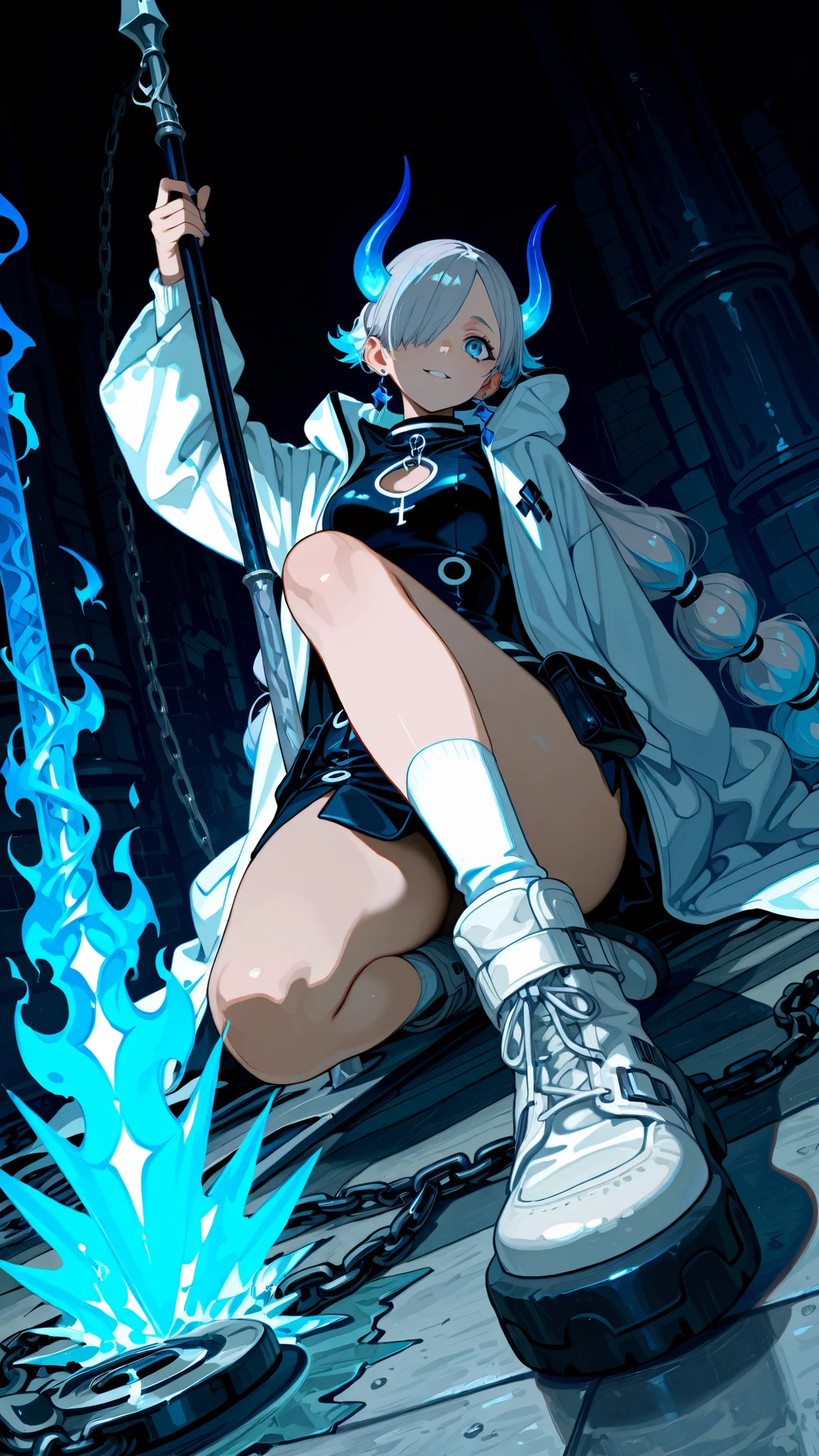 Extremely crooked Abesarahum=daughter,Thin and Cool、light blue work boots with studs,(tall),(166cm:1.1),poor girl's one-piece style abstract dress,Curvy,Upper chest,Curvy Noble and Tight Body,Waist,Long Toes and Soles,Gloss Skin,Curvy Noble Tight and Body,BREAK (black,Ice Dungeon Backdrop, Grey White,multicolor,Russian face with attention to detail),Medium Light Flower Hair,BREAK (貧しいdaughterのワンピーススタイルの抽象的なドレス,BREAK Zito eyes dyed in absolute blue hate, Integrated Clothes),(cool air flames rippling curtains with symmetrical wind skirts),(Latest Kabukicho Makeup,With silver accessories),BREAK (Short Quirky Lamb Horns),(White Socks with Ribbons),(small polar bear type waist pouch,Ice Earrings,Chain ribbon ,BREAK (} tailored long jacket with cold air flame),(Thematic depth:1.2),(A spectacular ice-shaped spinning saw on a steel ball chain spear,),BREAK (Light Bluish White Beautiful Skin:0.9),(Strong Internal Zero Spats:1.2),(Yandere Sitting Pose ),with a weapon,Swing your weapon down,During combat,BREAK (Top Down Angle:1.3),(Rimlight on the chest),dynamic shadows,BREAK (God's miracle masterpiece:1.2,BREAK Best high quality,high quality:1.2, Unity 8k )