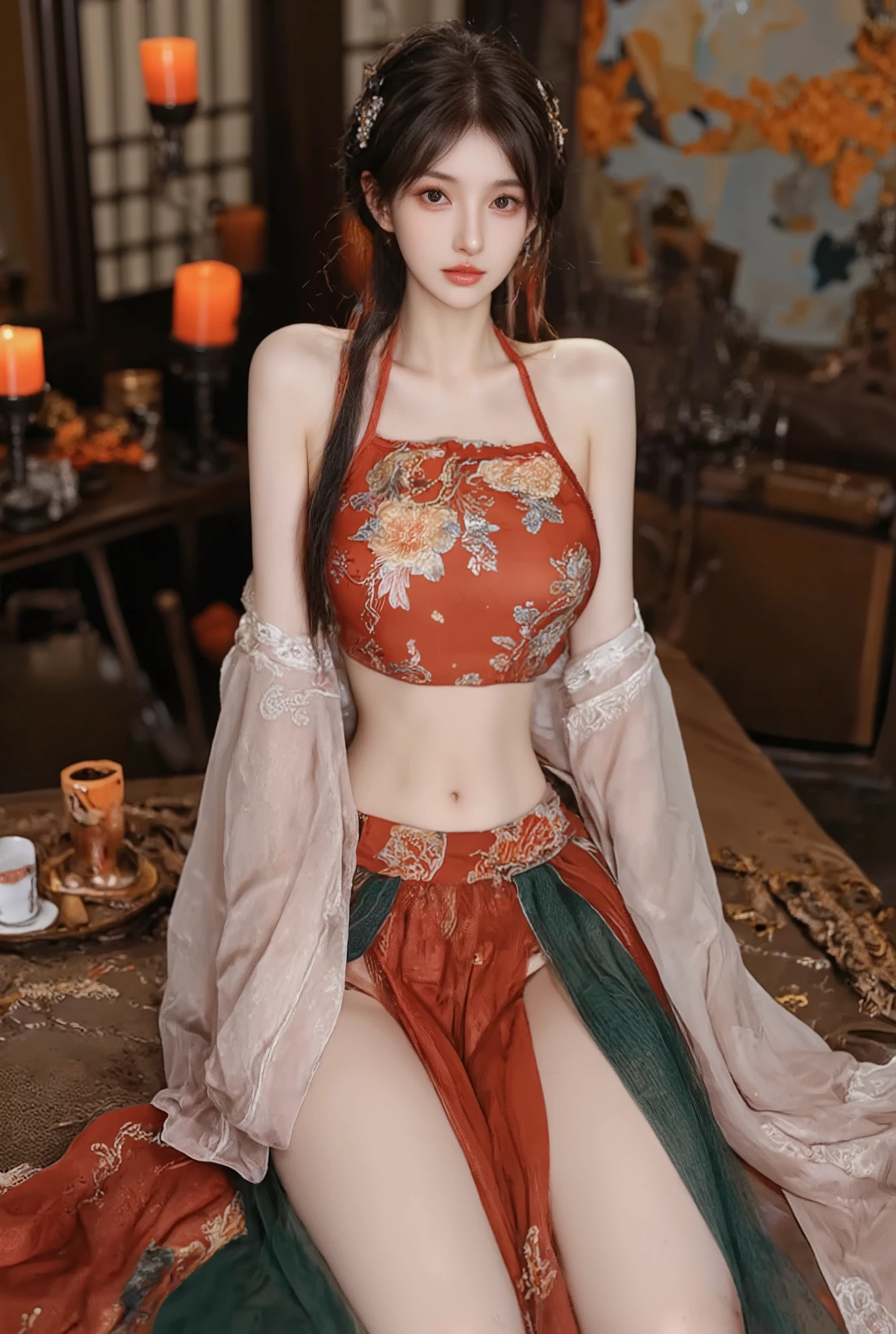 a Chinese woman wearing a sexy dress,
(((masterpiece))), ((best quality)), ((intricate detailed)), ((Hyperrealistic)), absurd res, milf, mature woman, perspective, highly detailed, illustration, 1girl, ((large breasts)), high slit dress, sexy cheongsam, perfect hands, detailed fingers, beautiful detailed eyes, updo hair, brown eyes,(chinese dress:1.2), earrings, detailed background, perfect eyes, seductive eyes, looking at the viewer, from front, see-thought dress, nipples protruding under clothes