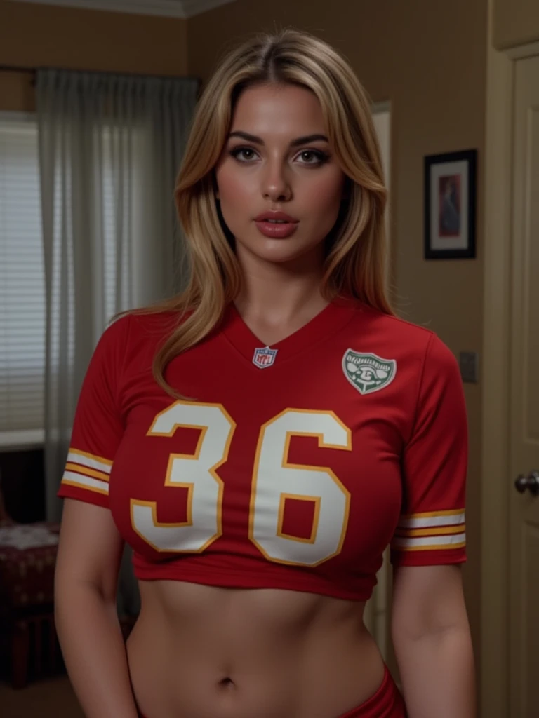 Amateur photo of a gorgeous woman teasing, looking at viewer, ((tongue out)) , sexy, plump, perfect body, (oversized american football jersey), (((kansas city chiefs jersey))), girl next door, white skin, subtle smile, lips apart, red lipstick, black eyeliner, face ( (taylorswift) | gemma chan | chubby drew barrymore | kirsten dunst ) , auburn, light brown hair, red hair, short hair, hair attached, hair bun, (hair fringe) , ((big natural breasts)) , ((long saggy breasts)) , amateur photo, iPhone X,