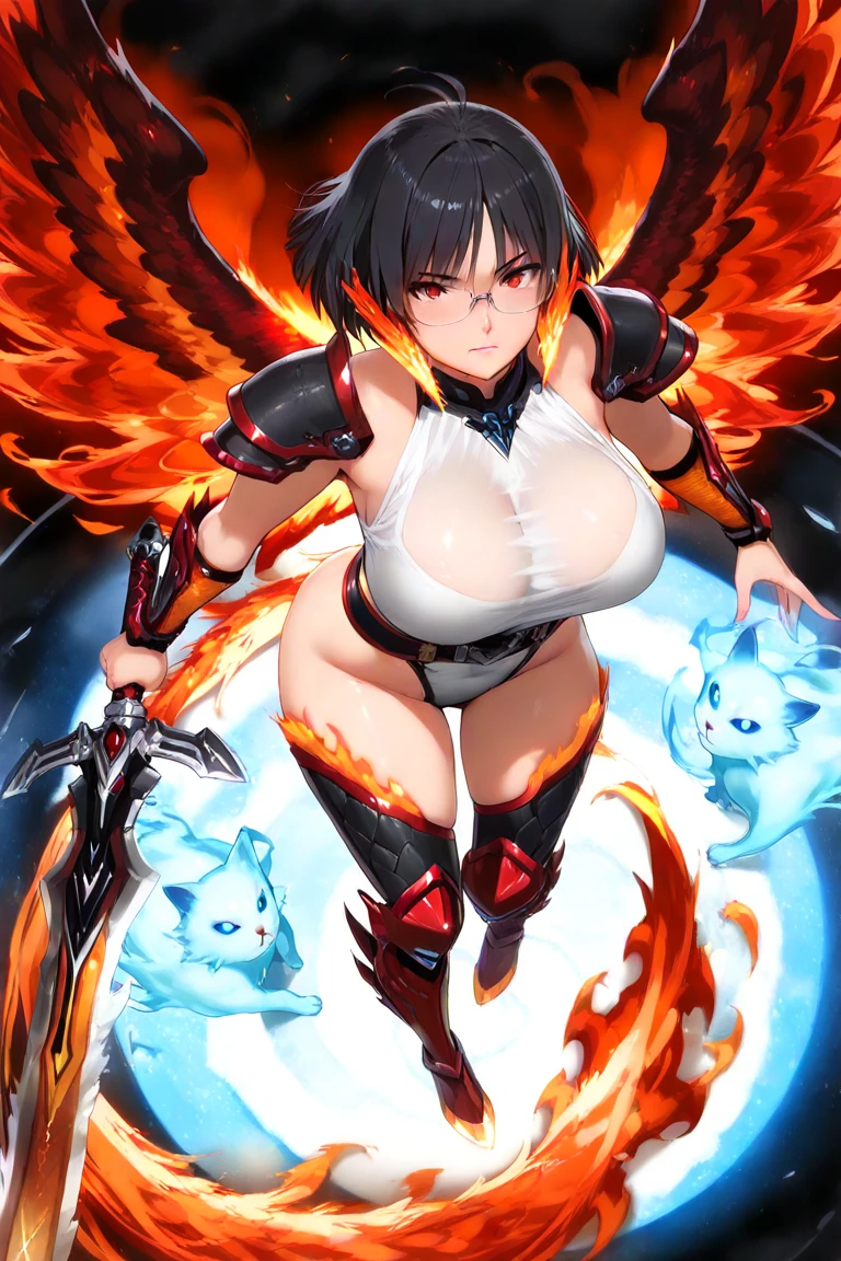 ((best quality)), ((masterpiece)), (detailed), perfect face, 1girl, solo, black and red armour, horns, ashes, molten lava, fire breath, large breasts, black legwear, ultra detailed, highest resolution, best quality, gorgeous lady
