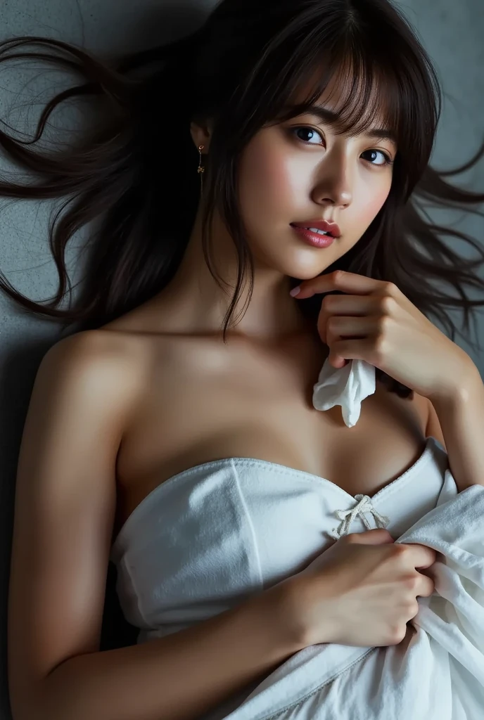 masterpiece,best quality,(Japanese ),((Beautiful girl)),cleavage,indoor,(perfect body beauty:1.2),(shy),(Raise your arms up),((Both wrists are tied with a thin string and hung from above)),