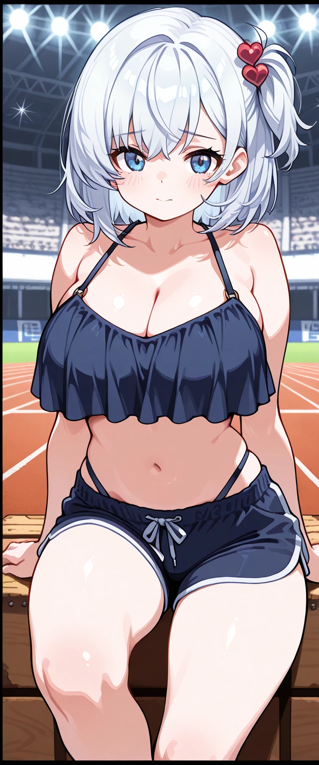 masterpiece, best quality, ultra-detailed, illustration, colorful, flat color, depth of field, lens flare, 1girl, shirogane noel, anime, sitting, silver hair, short hair, green eyes, looking at viewer, school, classroom, school swimsuit, one piece swimsuit, detailed skin texture, detailed cloth texture, beautiful detailed face, huge breasts, blush, seductive smile, milf, thicc