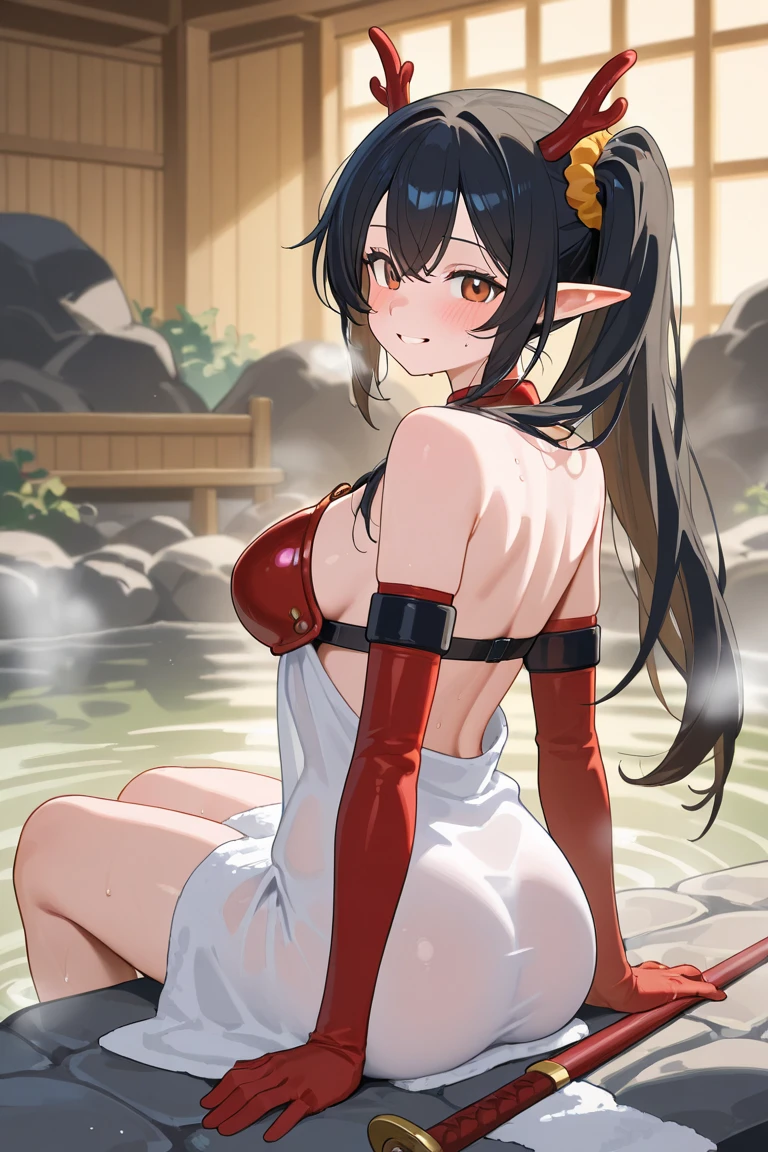 LadSam,long black hair,ponytail,pointy ears,black eyes,
red bikini,bandages,(scars:0.7), abs,
steam bath,
stars,milky way,(insanely detailed, beautiful detailed face, masterpiece, best quality <lora:LadySamurai-10v5:0.7>,