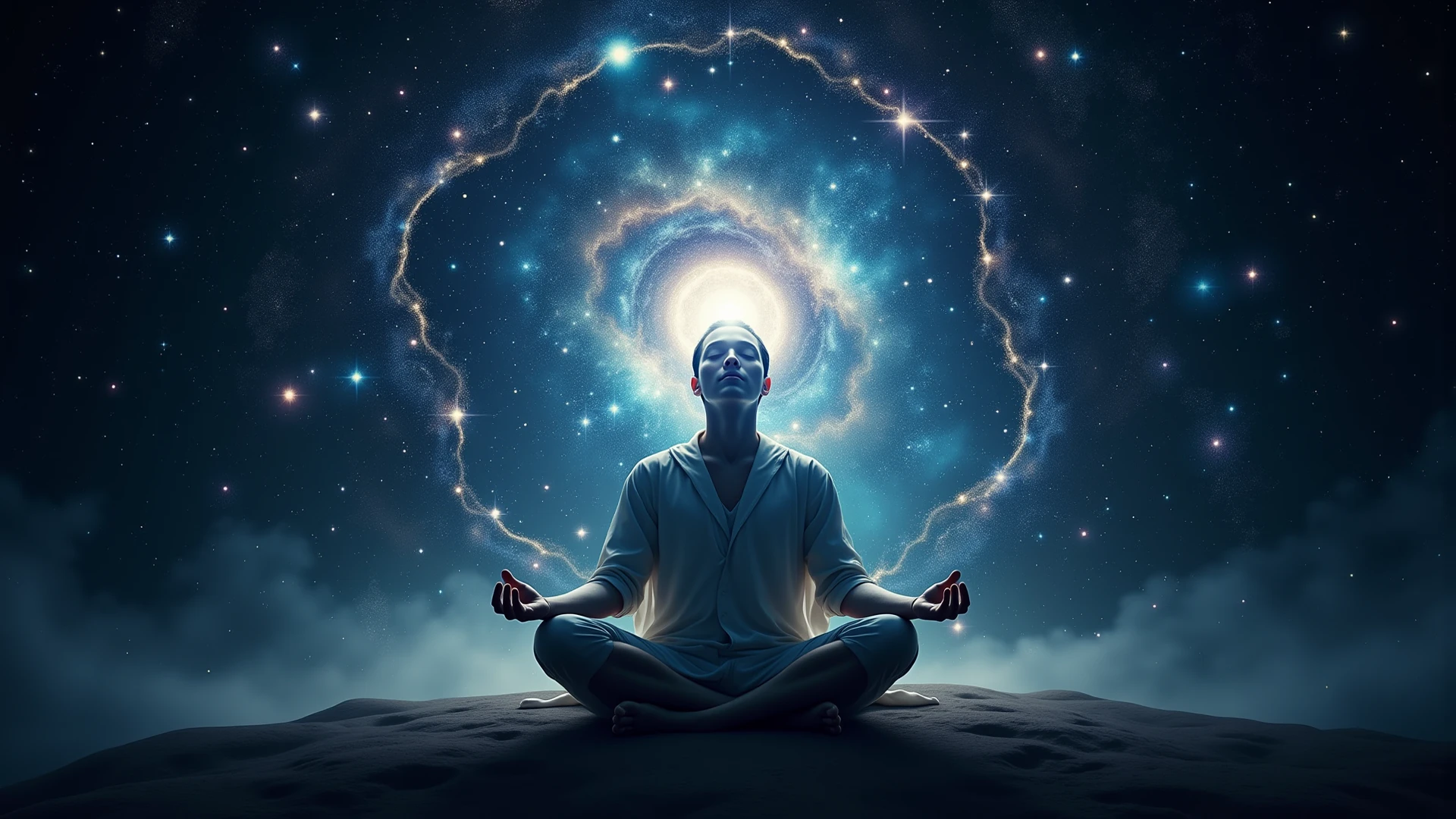 A person sitting in meditation with a serene expression, surrounded by floating question marks and glowing light, symbolizing the discovery of hidden answers. The background is peaceful and cosmic. --ar 16:9