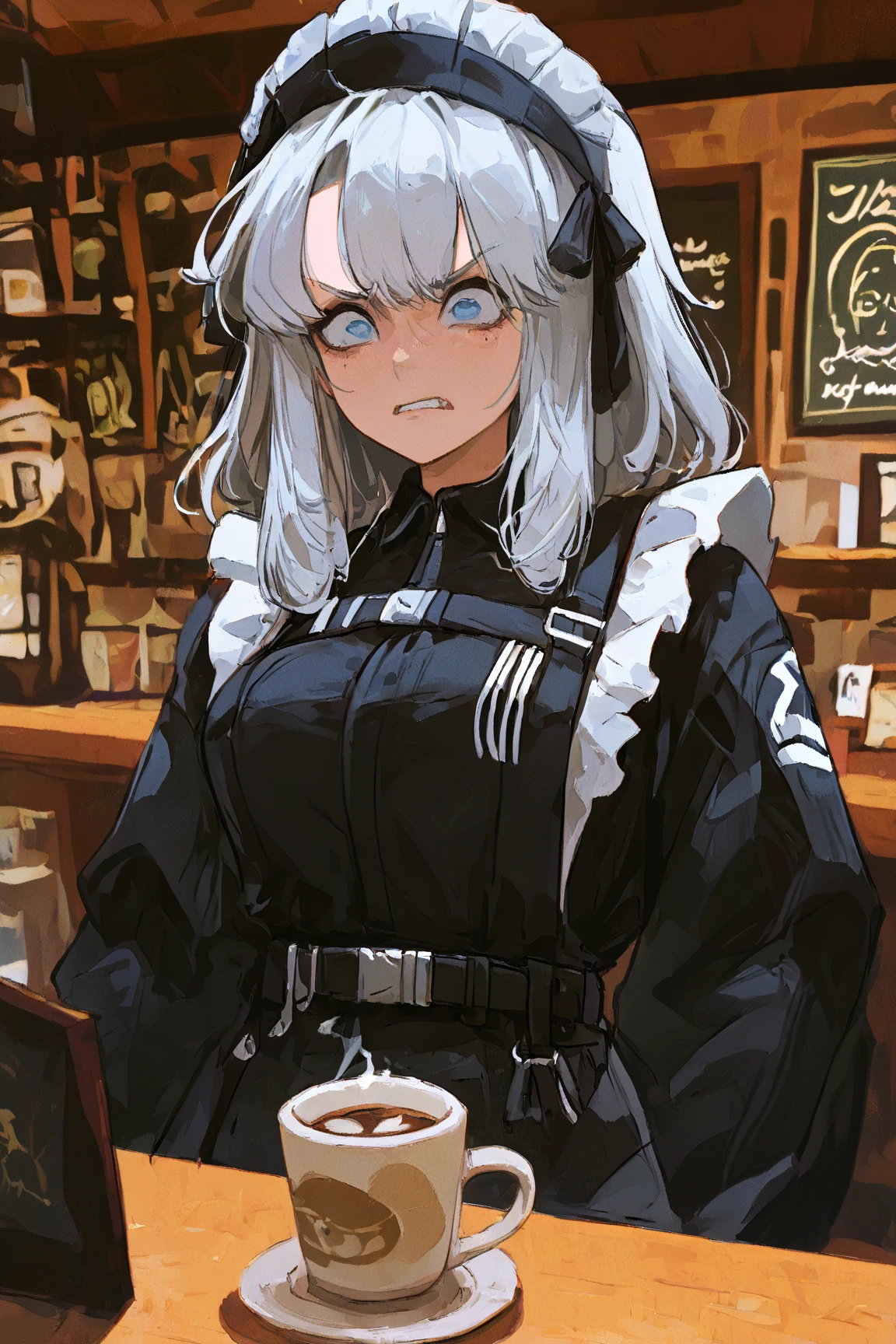 1girl, tactical black helmet, soldier helmet, tactical black railed headset, purple eyes, relaxed smile, black long messy hair, black camo uniform, black shoulder pads, black tactical vest, black armor pads, black handgun holster, black tactical socks, holding cup, cup of coffee, cafe