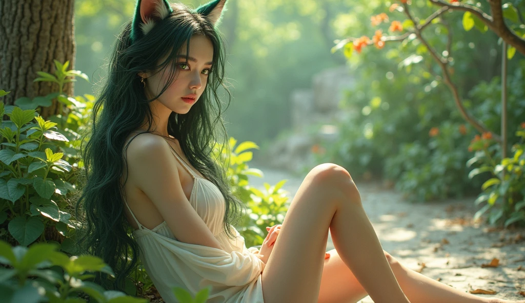 one woman, long black hair, yellow eyes, lying on a tree stump, in the forest, fox ears, lingerie, well-defined body, detailed body, detailed face, high quality, best quality, masterpiece