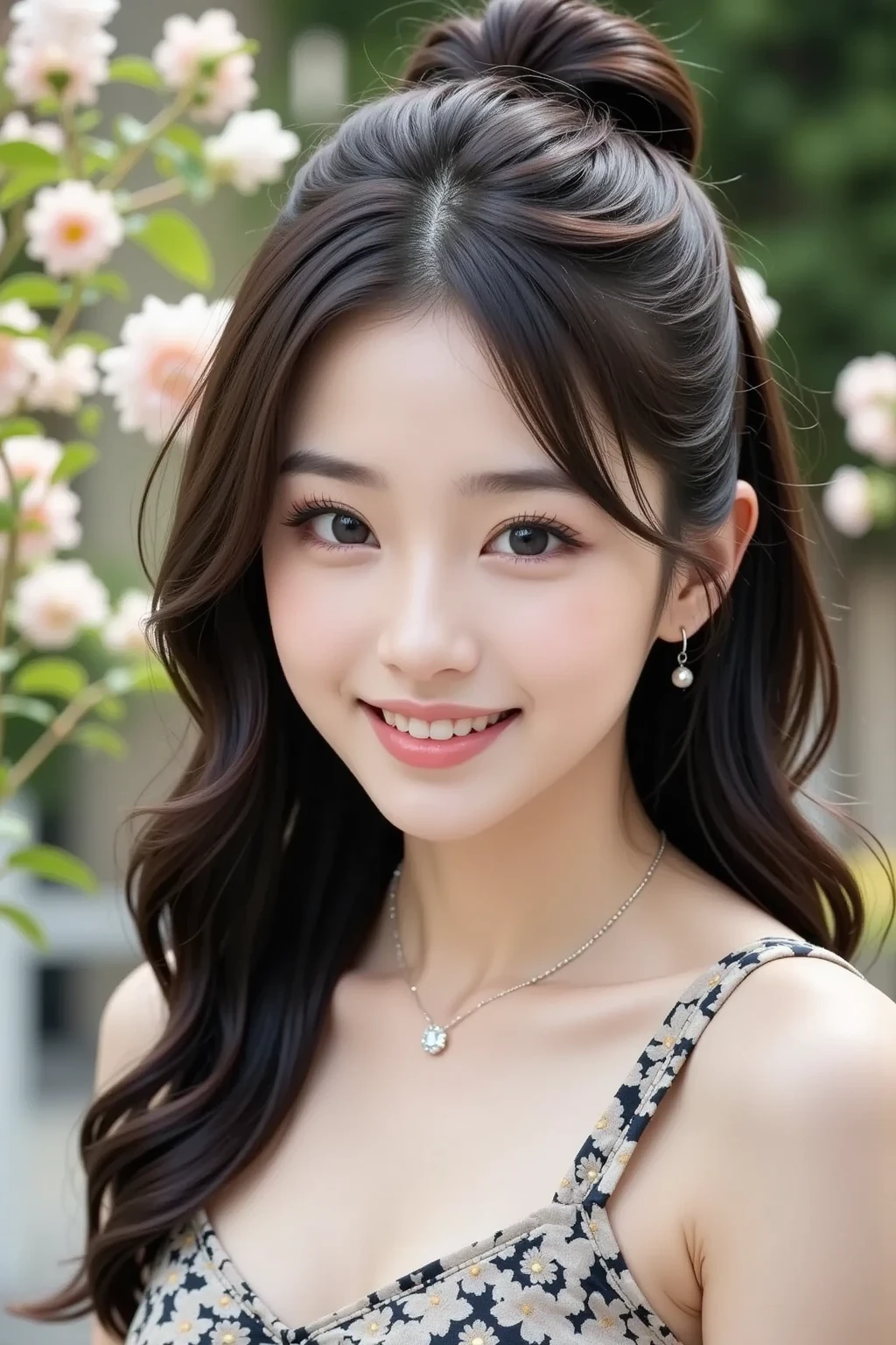 Tabletop, highest quality, shape, Very detailed, finely, High resolution, 8k wallpaper, 完璧なダイナミックな構shape, Beautiful and detailed,ランダムなcute髪,,Natural color lip, Bold sexy pose,smile、20-year-old girl、cute、Looking at the camera,Always blur the background,Perfect and beautiful face,Slim face and figure,Big eyes、Putting on gal makeup,Small face,Shooting from below、smile,Blurred Background,Elegant feminine face、Cyberpunk Fashion、smile、Change pose randomly、Randomly change the shooting angle and position、A bouquet of many roses