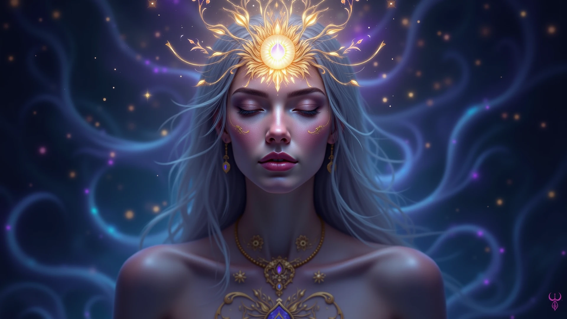 Create a vibrant, glowing portrait of a mystical figure with long, flowing hair illuminated in deep blue tones. The figure has a calm and serene expression, with glowing blue eyes. The forehead features a bright, glowing white symbol. The figure wears a golden, ornate necklace that radiates with warm, fiery energy. Above the head, a vivid green flame or aura adds an ethereal touch to the composition. The background is dark, making the luminous colors stand out, creating a magical and otherworldly atmosphere