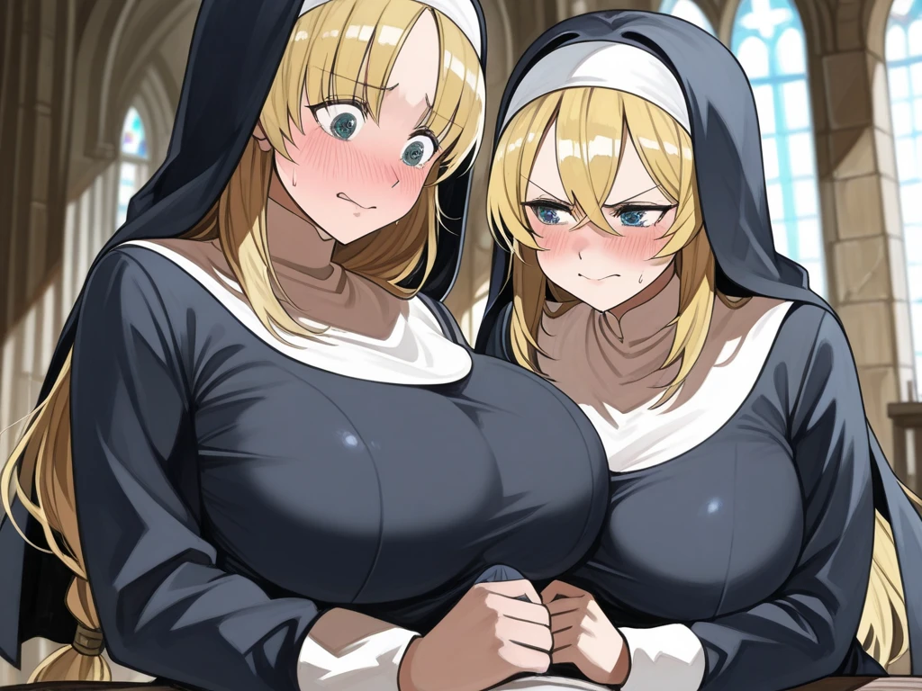 1girl, blond hair, (tongue), ahg, (rolling eyes), cum,wet, drooling, (anguish), Catholic nun, smile, ((large breasts)), ((sweat)), full body shot, church, glasses,