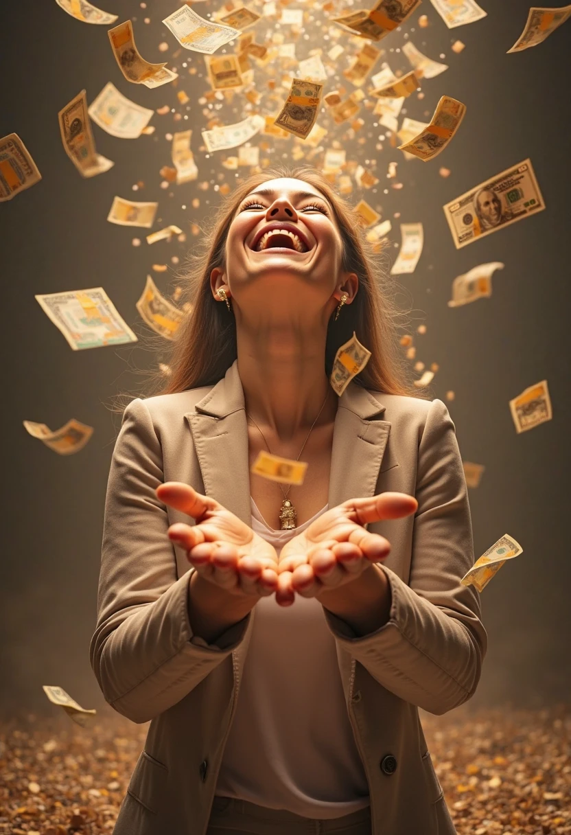 Beautiful Thai girl, smiling happily, holding a computer, housewife occupation, looking up, spreading her arms, waiting to receive money, with a lot of money falling from the sky, at home.