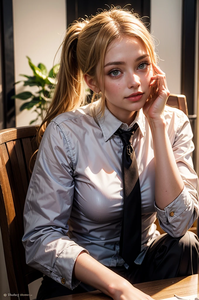 masterpiece, highest quality, (solo focus), (perfect face:1.1), (high detail:1.1), (hyper detailed eyes), dramatic, (1girl:0.5), (pale skin), long blonde hair, blue eyes, (light eyebrows), solo, long hair, Her blonde hair is tied back in a ponytail with a black ribbon, she has subtle gold studs in her ears, and wears large secretary-style spectacles. Her substantial 38D chest is hidden within a white silk blouse with onyx studs (front and cuffs), and black slacks over lowish 1” black leather pumps, she is average 165cm height. Although no longer in the bloom of her youth, she is beautiful (Sandra in her early- to mid-30s). she drags a wheeled aluminium Halliburton case behind her as she walks through a swung-open glass door (8k resolution) (RAW) (realistic) (depth of field), ultra hd, realistic, vivid colours, highly detailed, UHD drawing, perfect composition, beautiful detailed intricate insanely detailed octane render trending on artstation, 8k artistic photography, photo-realistic concept art, soft natural volumetric cinematic perfect light, art by artgerm, cinematic lighting, roses, fashion, BalenciagaStyle