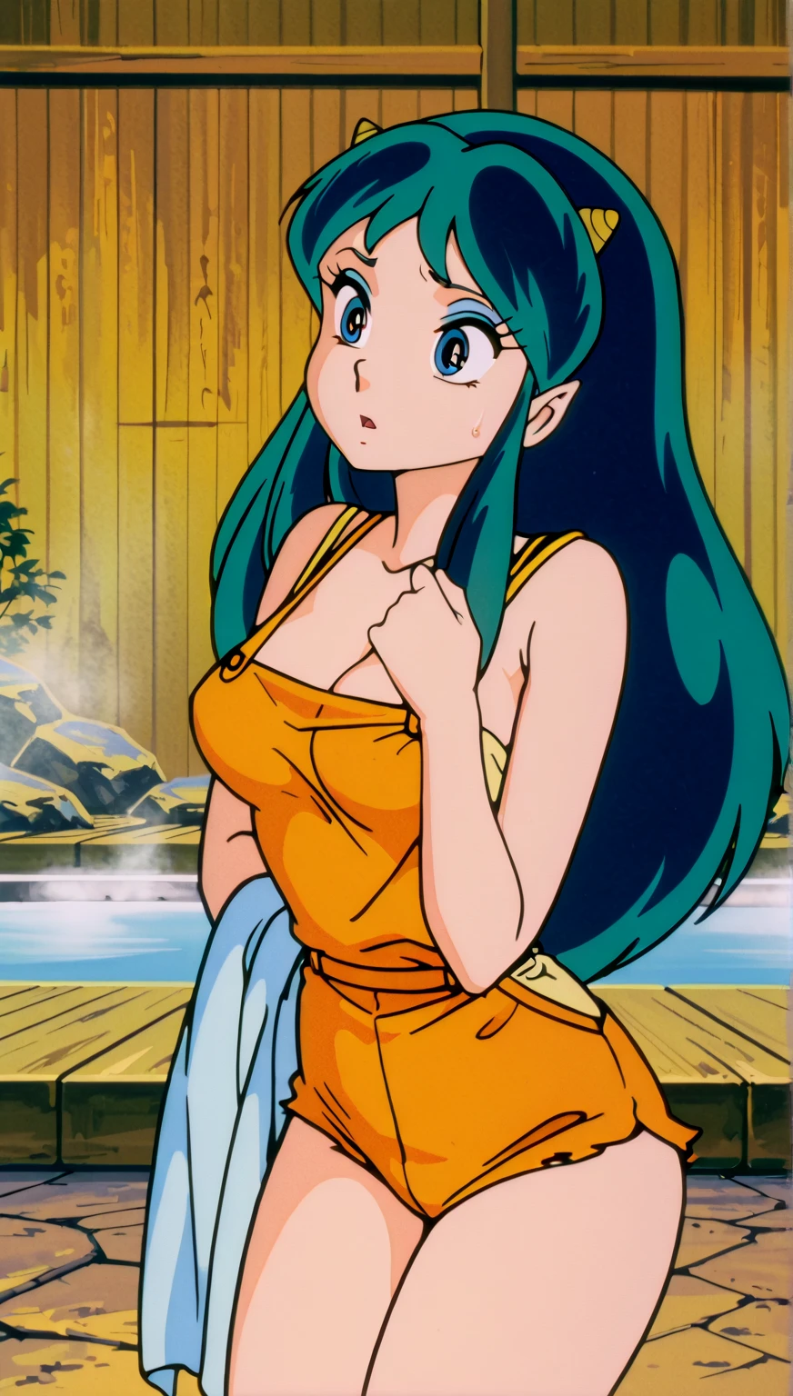 score_9, score_8_up, score_7_up, lum, solo, retro artstyle, 1980s style, breasts, blue eyes, eyeshadow, green hair, bangs, aqua hair, dynamic angle, large breasts, large ass, loose cropped tiger-stripped sweatshirt, underboob, skinny, thong, flashy clothing colors, textured clothing, embarrassed, japanese garden, bright sunny background, ExpressiveH, scenery, ultradetailed, highdefinition, ((flying, floating in air, anime japanese town, fly over houses, floating hair, wide view, from far)), pout, sparkling eyes, emotional expression, vintage comic style, pout, sparkling eyes, crazy eyes, fangs, drunk, crazy smile, horny, pout, sparkling eyes, crazy eyes, fangs, drunk, doyagao, puckered lips, motion blur, wide shot,