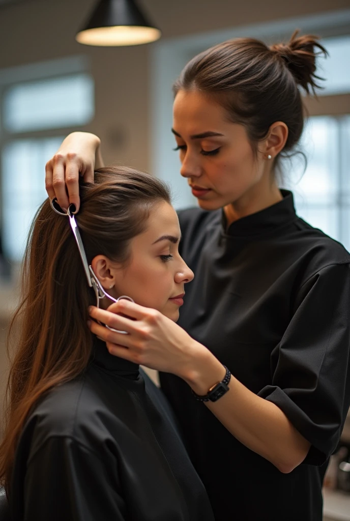 Hair cutting process on beautiful model