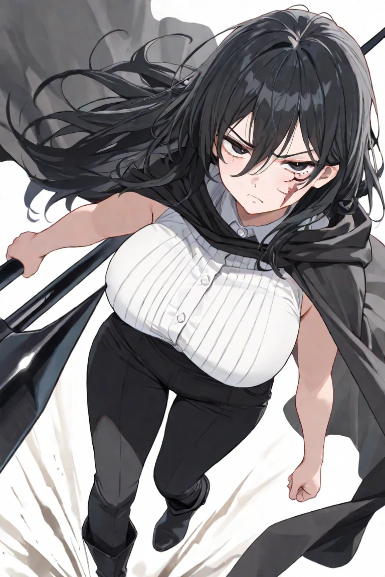 a girl, black hair, (black pupils:1.4), BREAK,big breasts, team rocket,team rocket uniform, red letter R, white skirt,white crop top,black thigh-highs,black elbow gloves