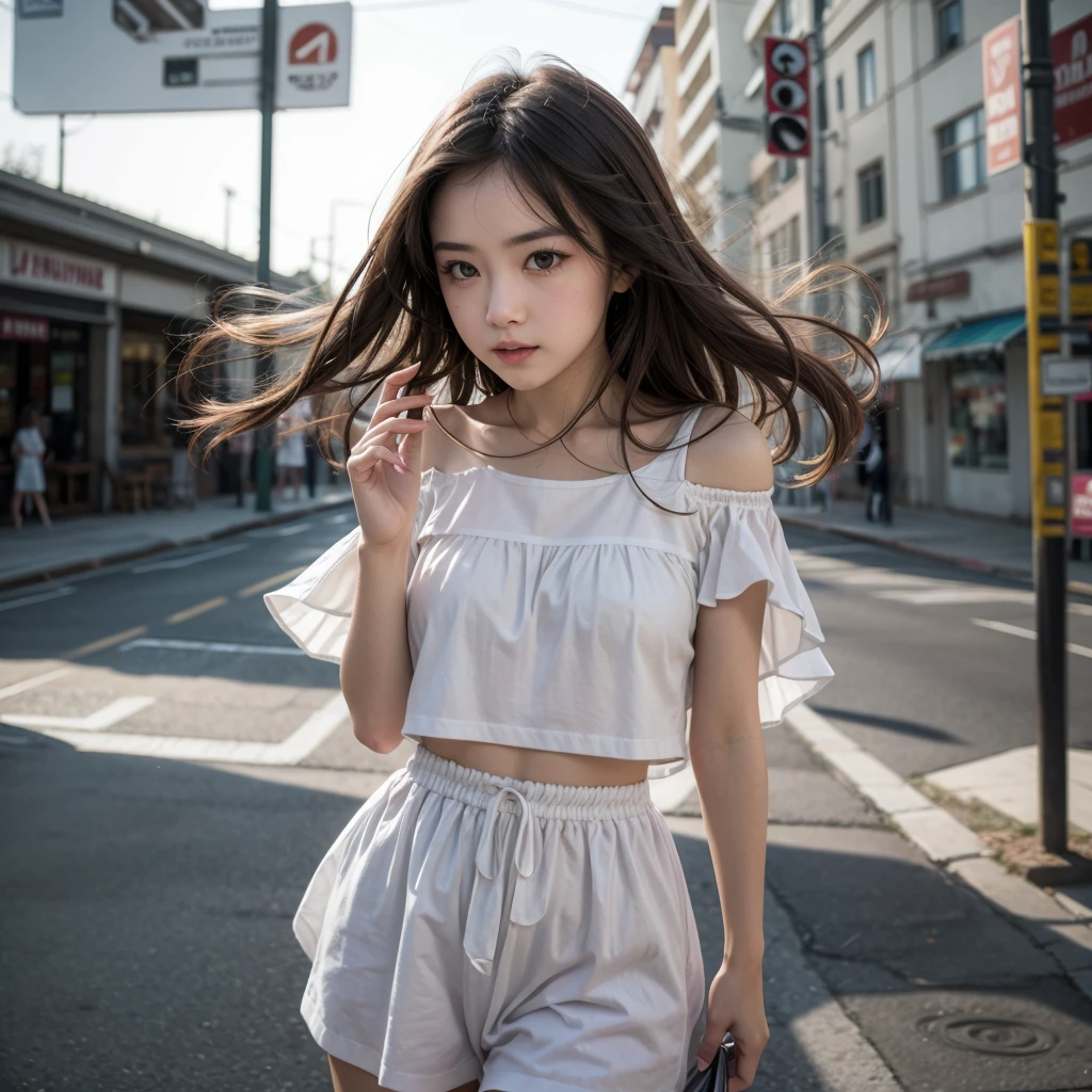((8k:1.27), best quality, masterpiece, super high resolution: 1.2,,A girl sitting in a back alley, (looking at her with a disdainful expression),((13 years old)), whole body, ,student, whole body, both thighs ,flat chest:1.6, legs spread,gyaru make,camisole,