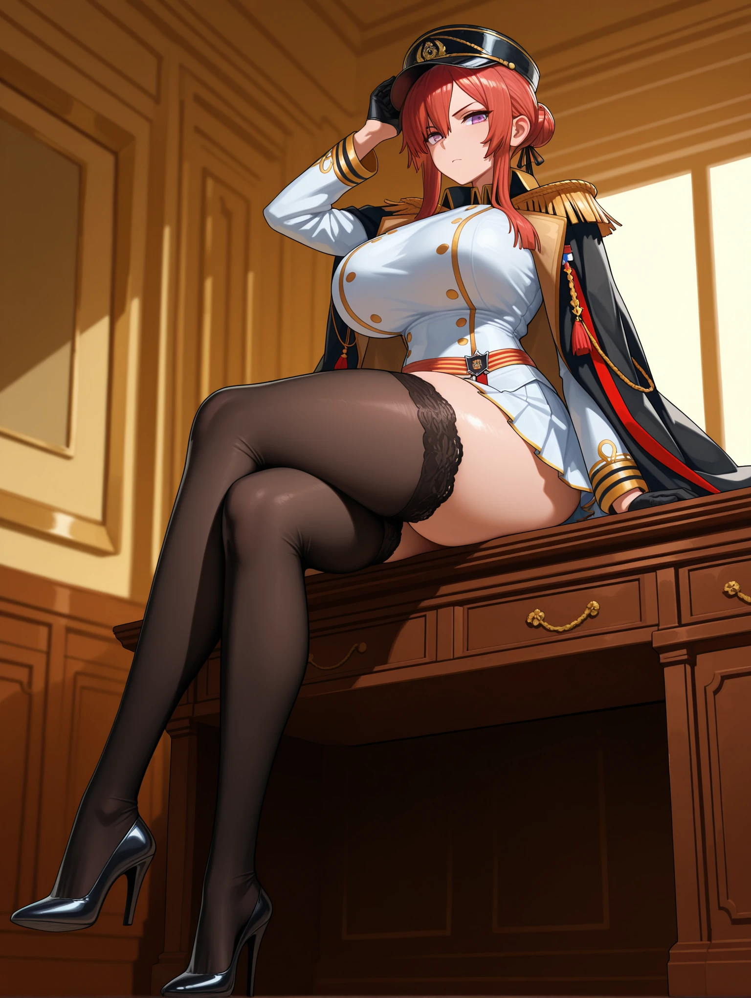 a woman wearing a tight white dress with black details, long stockings, feminine heels, wearing a black cape jacket, empty shoulders, big breasts, red hair, pigtails, white military hat with black details, orange eyes, in a high point from the city of Honolulu with views of the city and the sea,(woman solo ),HDR, ultra resolution, well defined, masterpiece, 8K HD