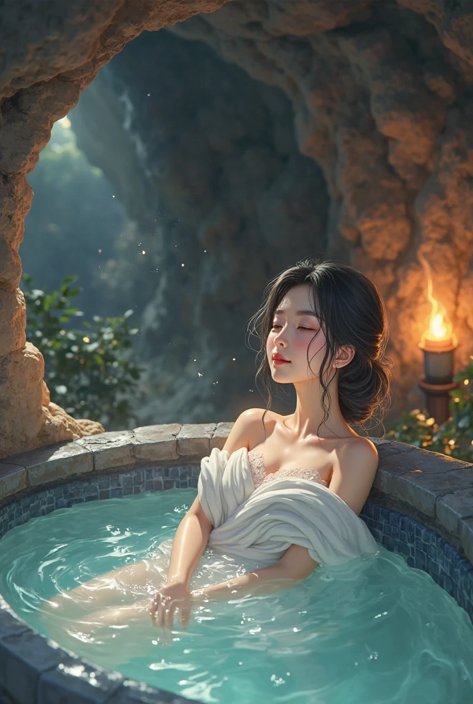 ((masterpiece, highest quality, Highest image quality, High resolution, photorealistic, Raw photo, 8K)), Evening Pond, Silhouette of a woman bathing in the backlight,