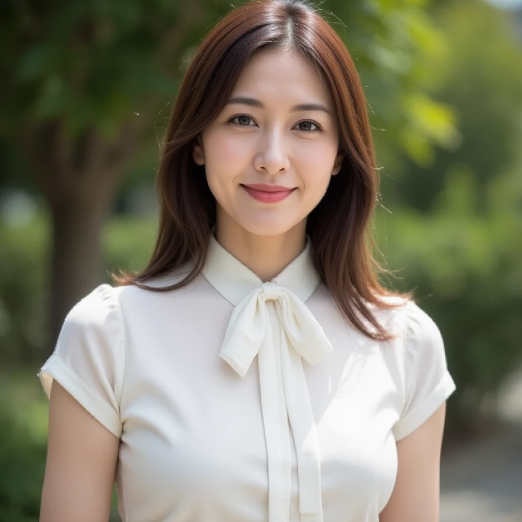 Standing in the park, Wrinkles around the eyes, Smiling with teeth showing, Blue blouse, senior citizen, Draw lips correctly, Red lipstick, No discomfort, 16K, Highest quality, Very detailed, Realistic, Very detailed肌, (Japanese), (alone), 45 years old, Large Breasts, , Glamour, sexy, Chromo White Skin, Staring straight ahead,