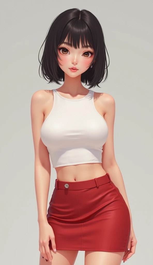 ((Best quality)), ((masterpiece)), (detailed: 1.4), beautiful woman, Asian, short black sleeveless t-shirt, black lag pants, short black hair with red locks, ink, (solo), realistic,((masterpiece)), (best quality), (detailed), (1 girl), big breasts, sexy, thicc, underboobs