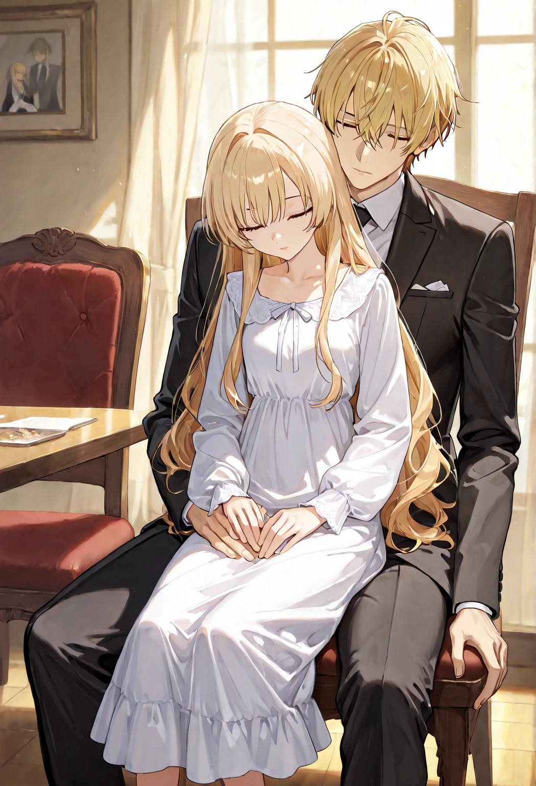 A 27 year old man, golden blonde hair, sleeping with a 14-year-old daughter in her arms, The child&#39;s hair style is a Medium Bob cut, dark red hair, red eyes.