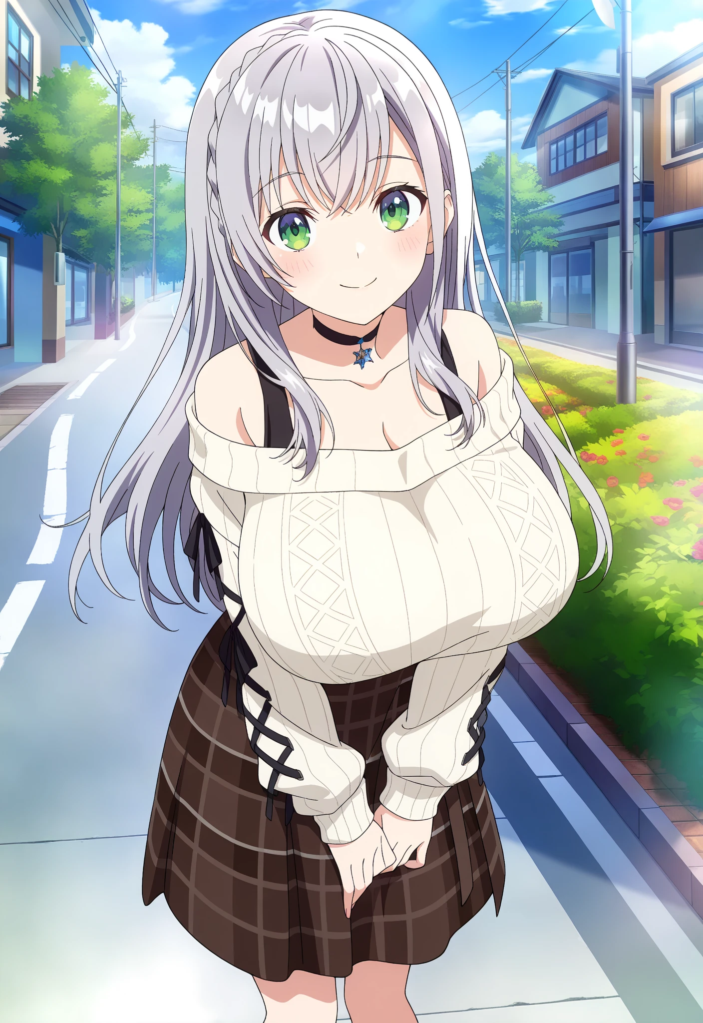 ((masterpiece, best quality, highres, UHD, perfect pixel, depth of field, 4k, RTX, HDR))), 1girl, single, solo, beautiful anime girl, beautiful artstyle, anime character, ((long hair, bangs, silver hair)), ((green eyes:1.4, rounded eyes, beautiful eyelashes, realistic eyes)), ((detailed face, blushing:1.2)), ((smooth texture:0.75, realistic texture:0.65, photorealistic:1.1, anime CG style)), ((medium breasts, cleavage:0.9, busty)), dynamic angle, perfect body, ((POV, dynamic pose, portrait)), ((white sweater, long sleeve, black skirt, plaid skirt, fashionable, 1handbag, 1diamond necklace)), smile, open mouth, amusement park, ((cherry blossom tree, cherry blossoms fall))